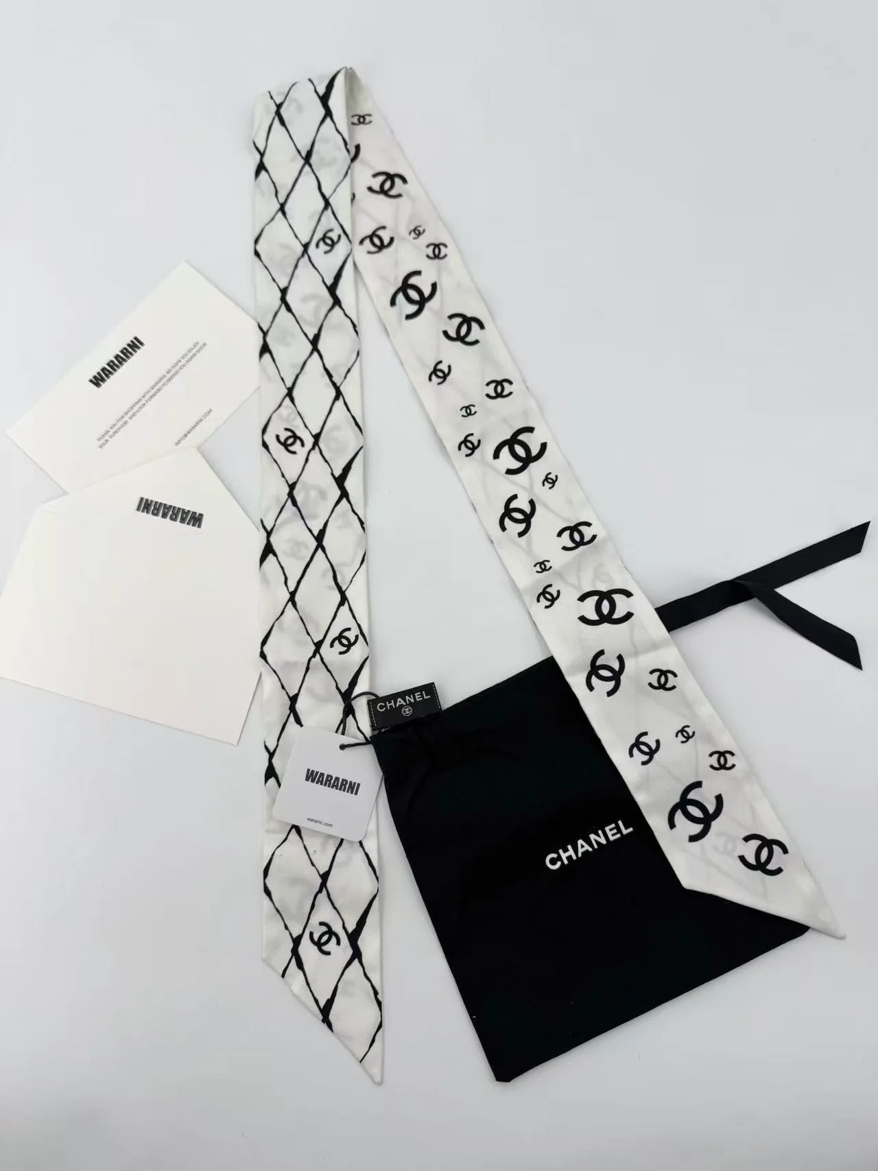 Chanel 23s Twilly Black and White Check Double C Scarf - Image 2