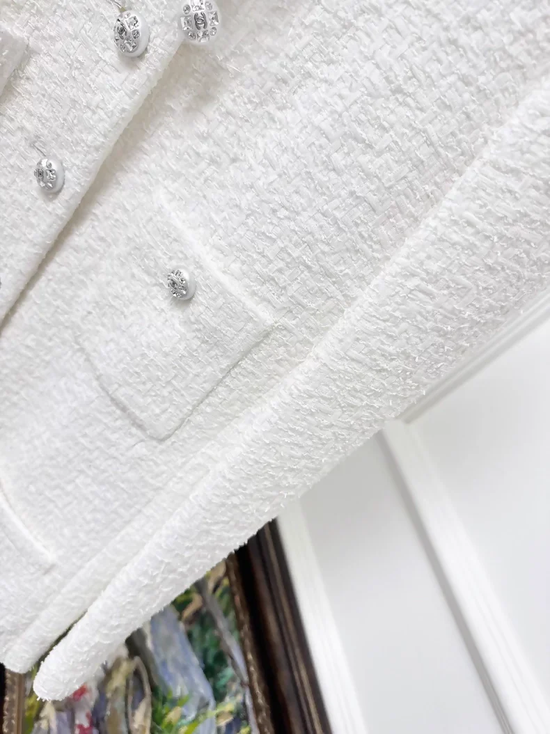 Chanel 23s White Woven Four-Pocket Rhinestone Button Tweed Jacket - Image 3
