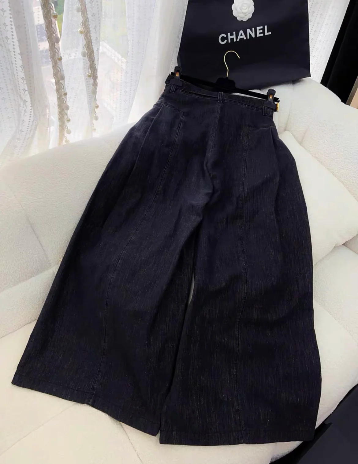 CHANEL 23S WIDE LEG DENIM PANTS + BELT size 34 - Image 5