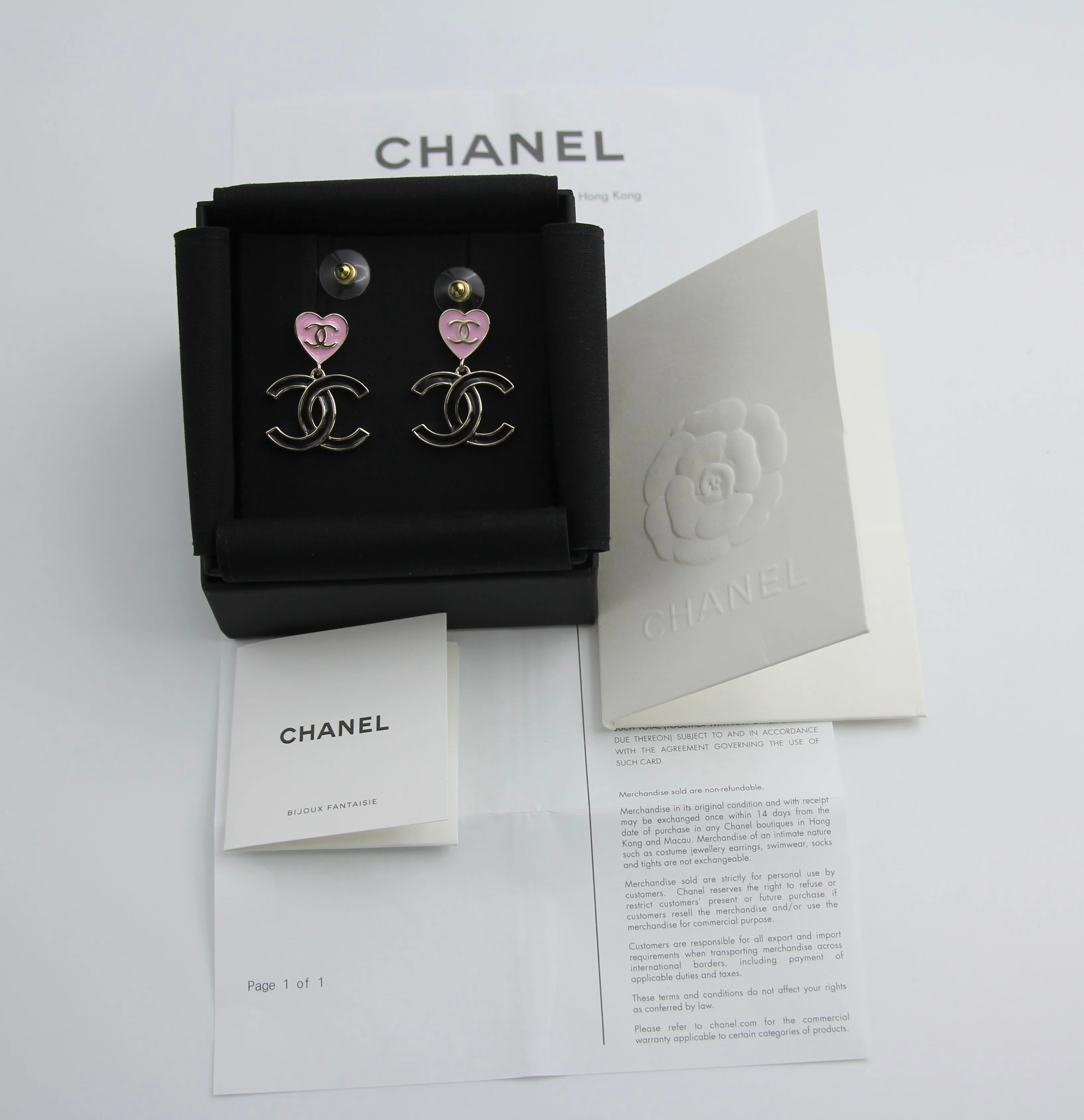 Chanel 24A Metal Pink Heart X Black Cc Dangle Earrings
