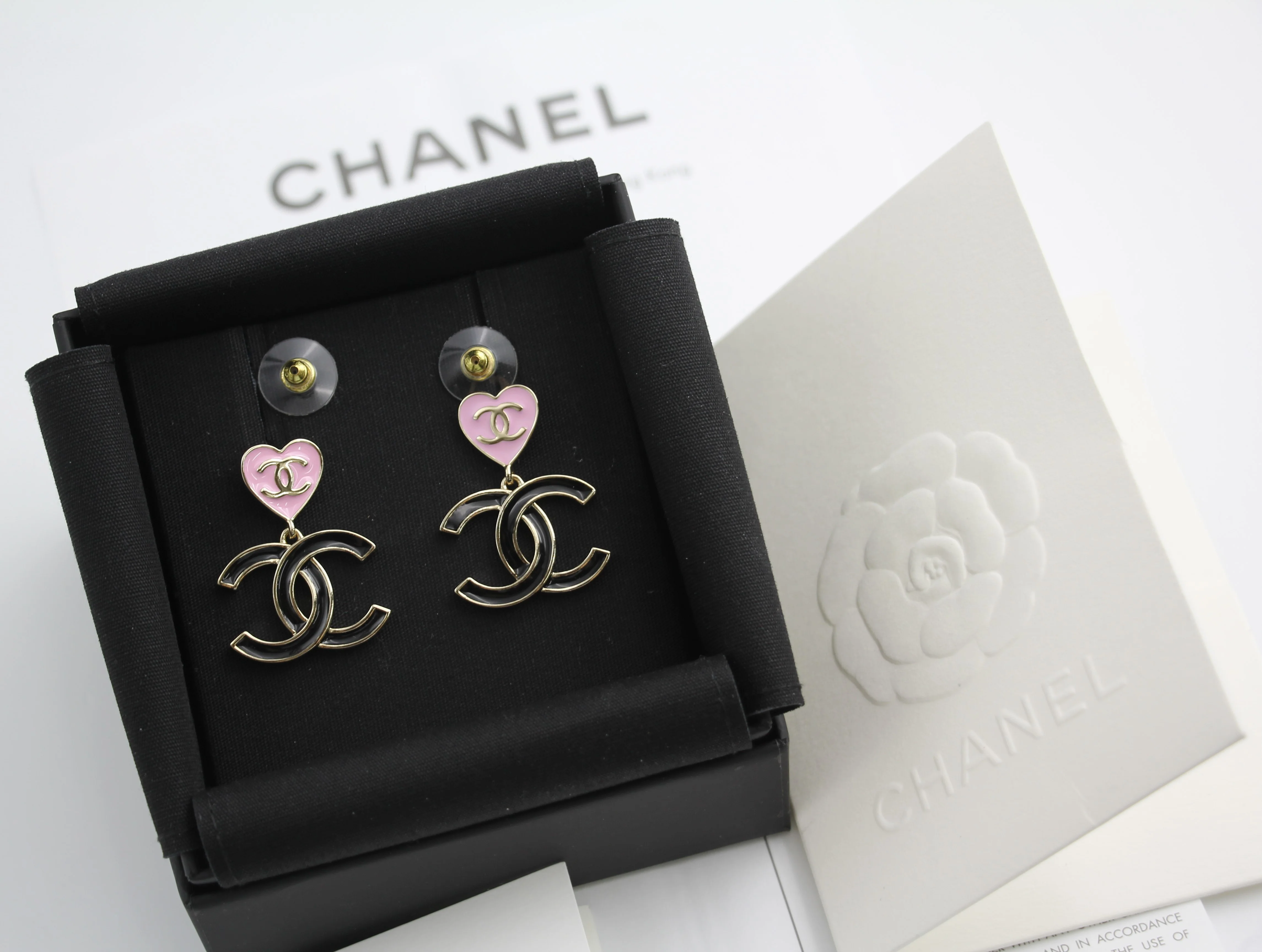 Chanel 24A Metal Pink Heart X Black Cc Dangle Earrings - Image 8