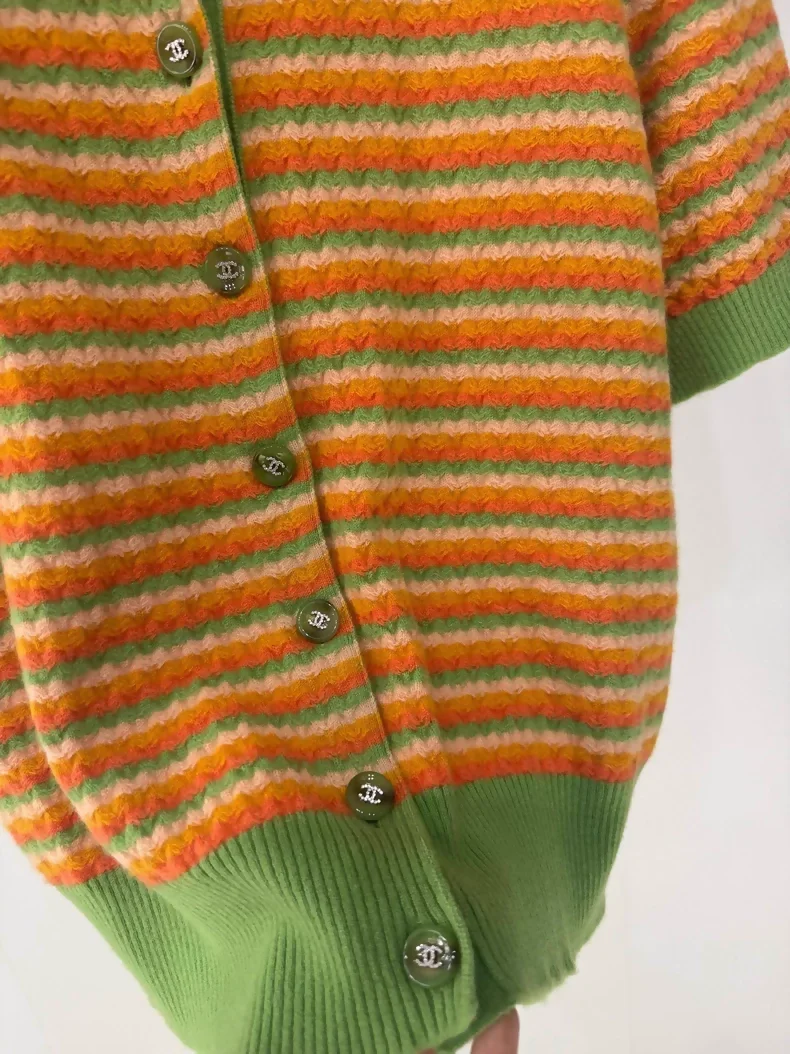 Chanel 24A Orange/Green Cashmere Short-Sleeve Cardigan - Image 3