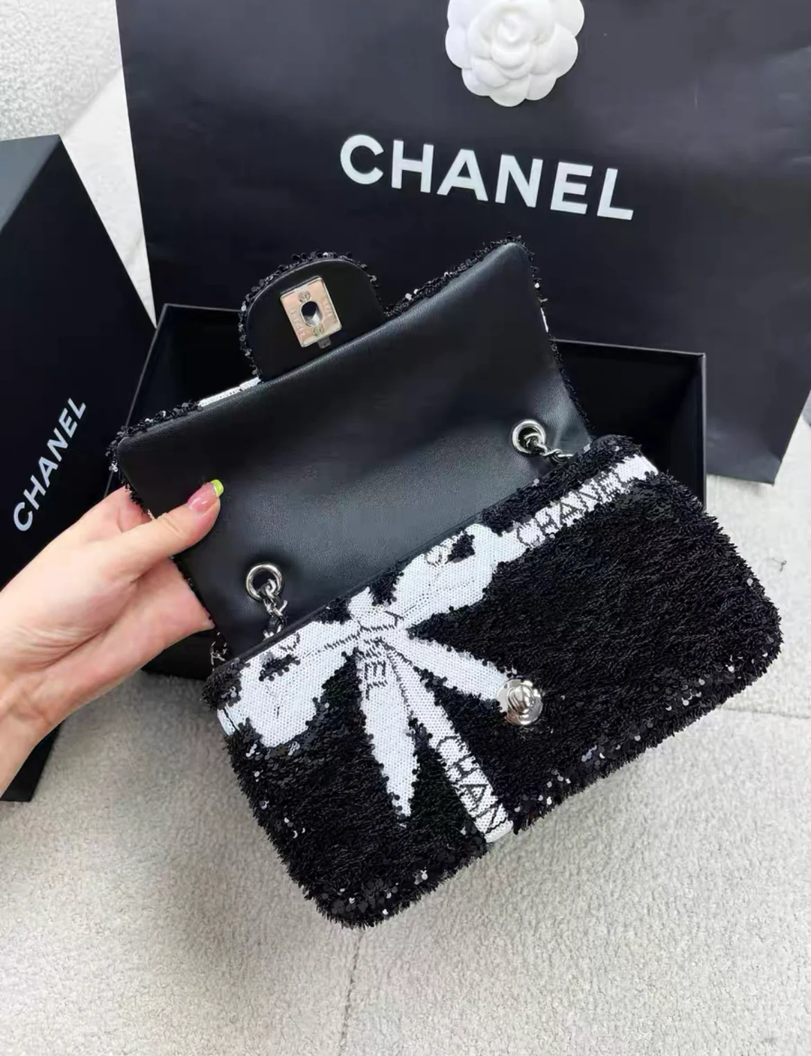 Chanel 24B black and white sequin bow silver hardware mini flap chain bag - Image 7