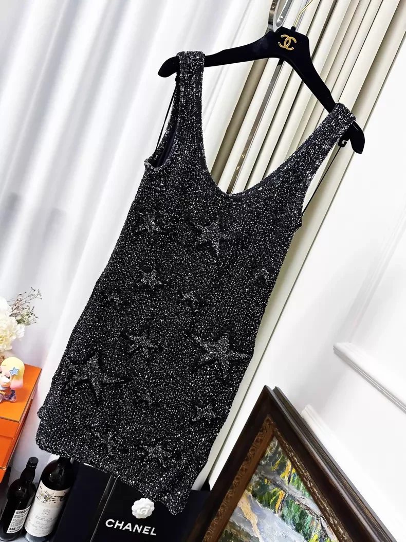 Chanel 24C Black and Silver Glittering Star Sequin Black Dress