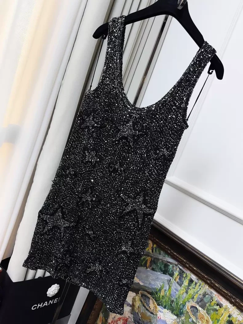 Chanel 24C Black and Silver Glittering Star Sequin Black Dress - Image 2