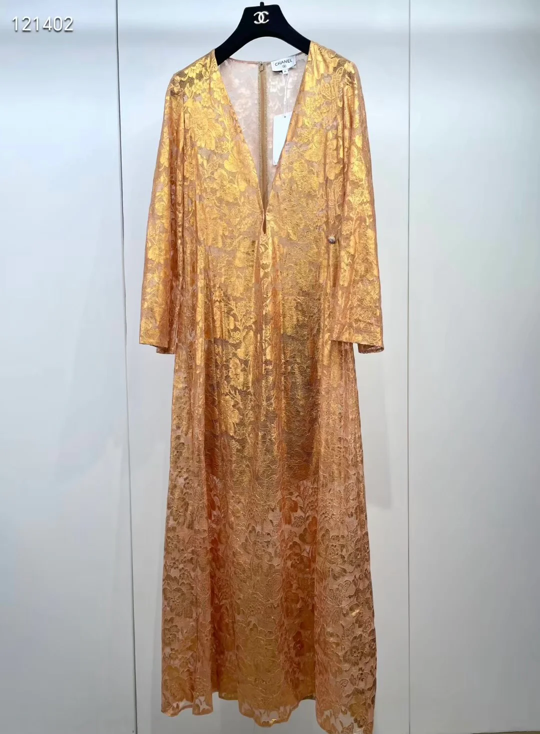 Chanel 24C Gold Lace V-Neck Dress