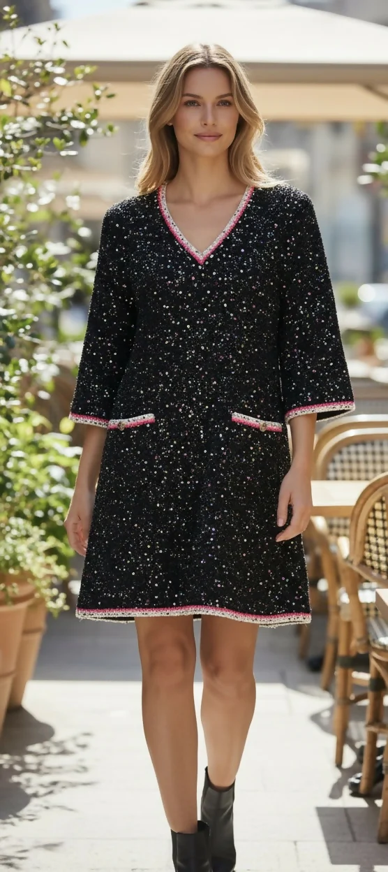 Chanel 24C Multicolor Black Pink White Knit Sequin Dress size FR 40 - Image 2
