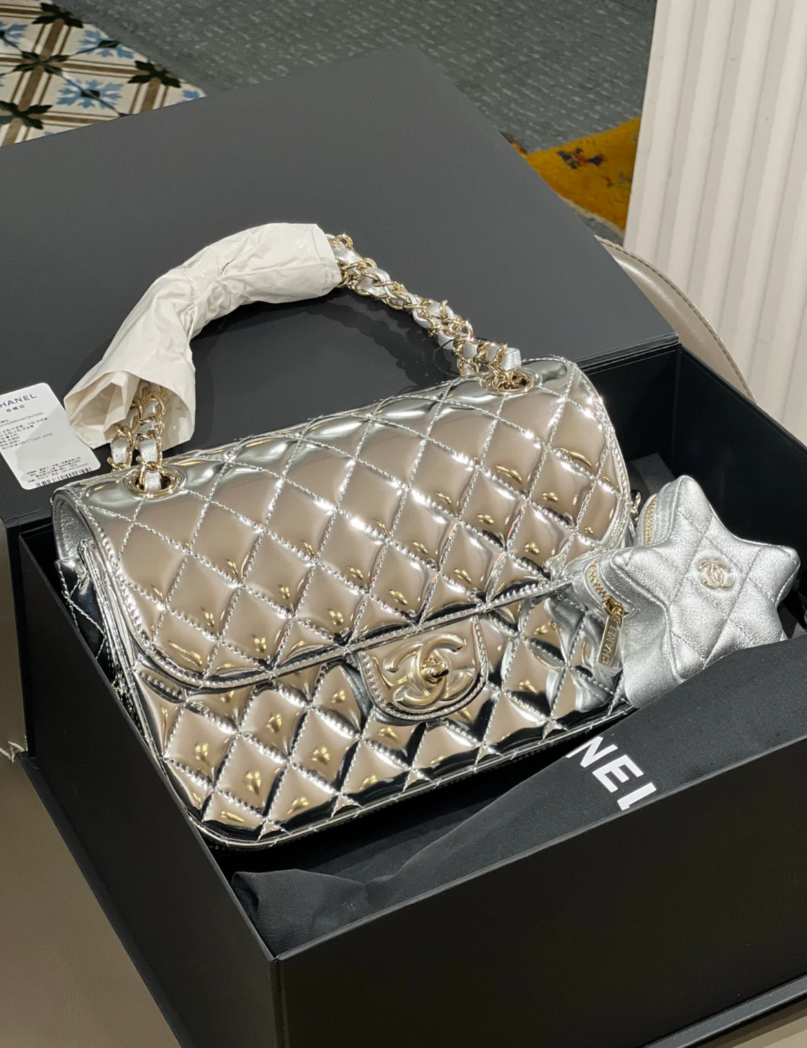 Chanel 24C Rectangle Flap, Silver Mirror Patent Leather With Star Coin Purse And Gold Hardware, New In Box - Image 2