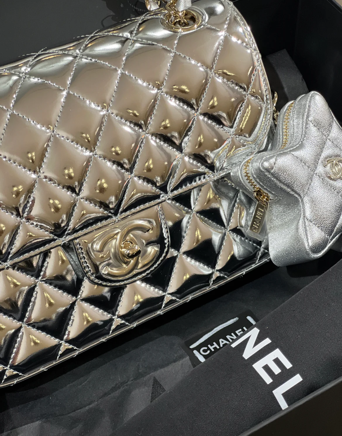 Chanel 24C Rectangle Flap, Silver Mirror Patent Leather With Star Coin Purse And Gold Hardware, New In Box - Image 3