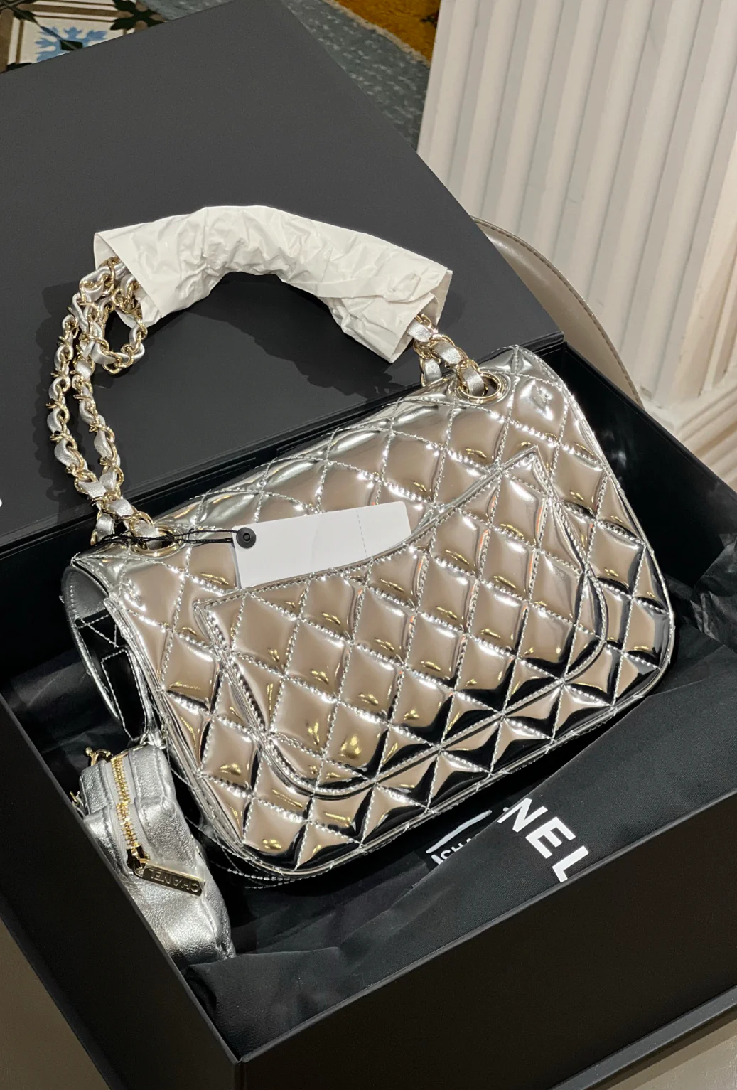 Chanel 24C Rectangle Flap, Silver Mirror Patent Leather With Star Coin Purse And Gold Hardware, New In Box - Image 4