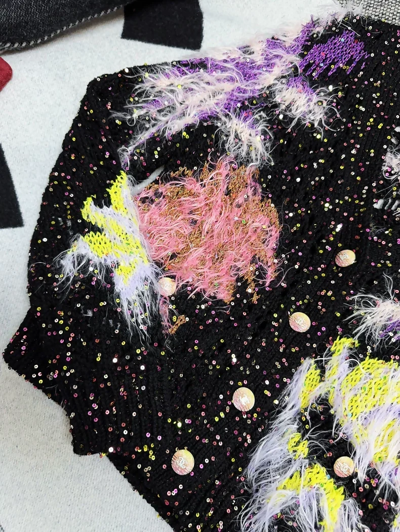 Chanel 24C Black Ostrich Feather Colorful Sequin Cardigan - Image 3