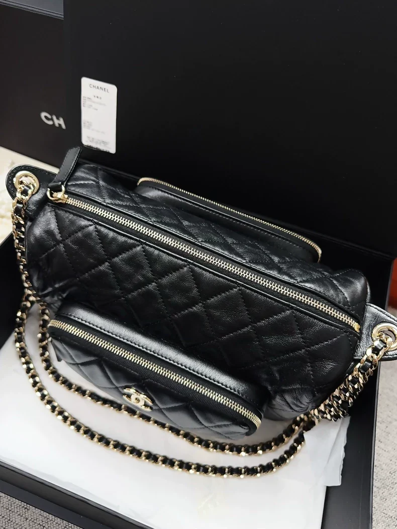 Chanel 24K Black Sheepskin Diamond Pattern Large Size Chain Bag - Image 3