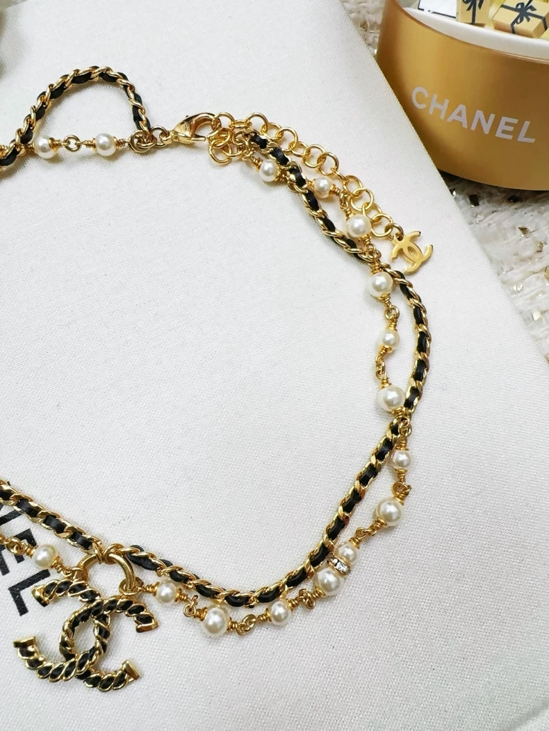 Chanel 24K gold leather chain double C pearl necklace - Image 3