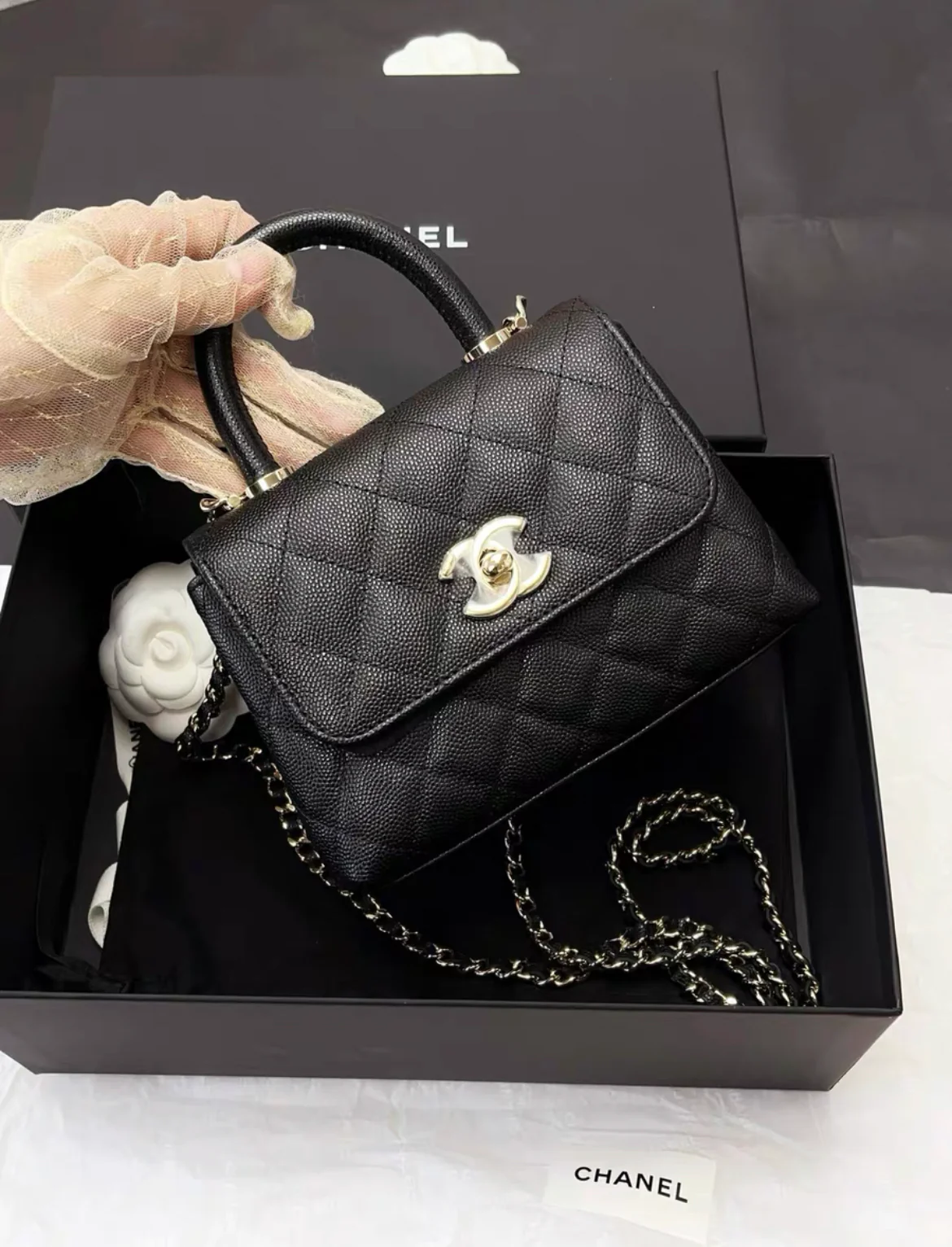 Chanel 24K Nano Coco Top Handle Flap Bag Black Caviar Light Gold Hardware - Image 3