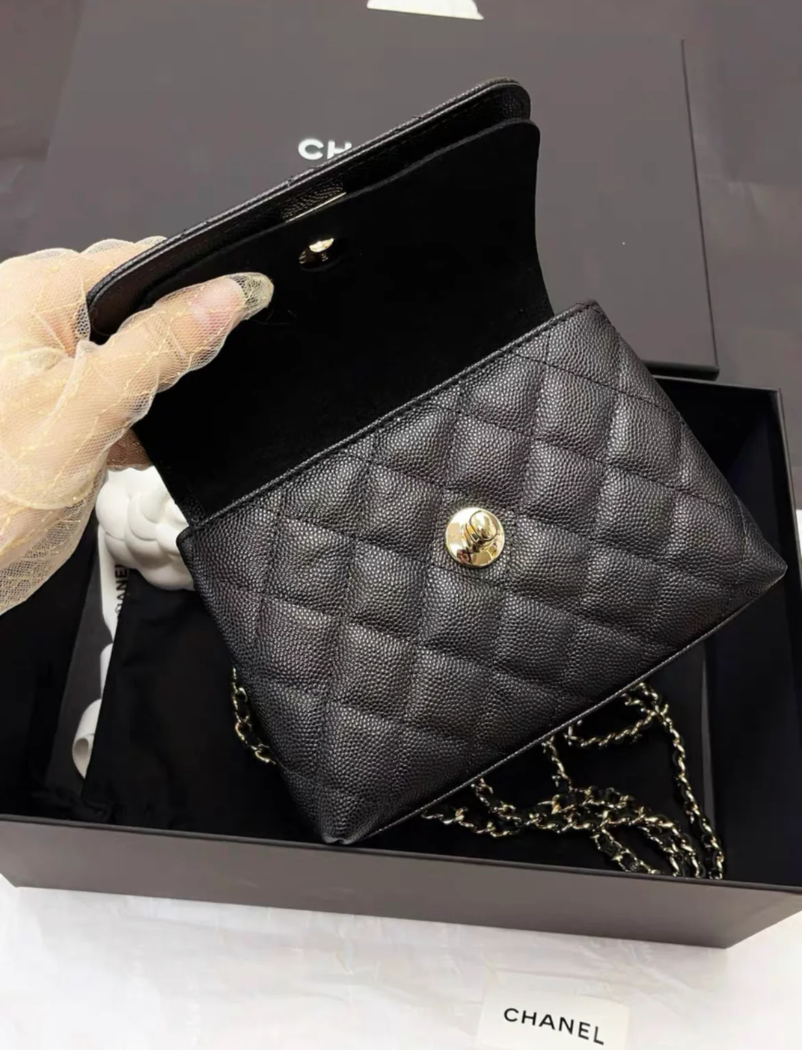 Chanel 24K Nano Coco Top Handle Flap Bag Black Caviar Light Gold Hardware - Image 5