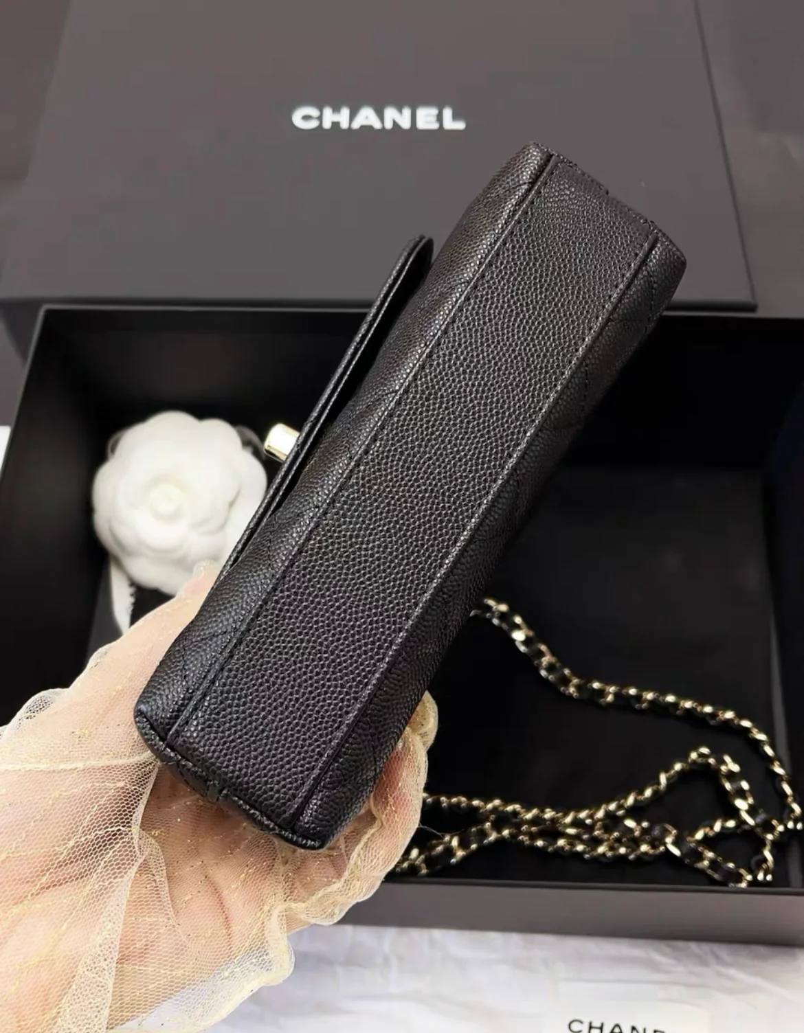 Chanel 24K Nano Coco Top Handle Flap Bag Black Caviar Light Gold Hardware - Image 7