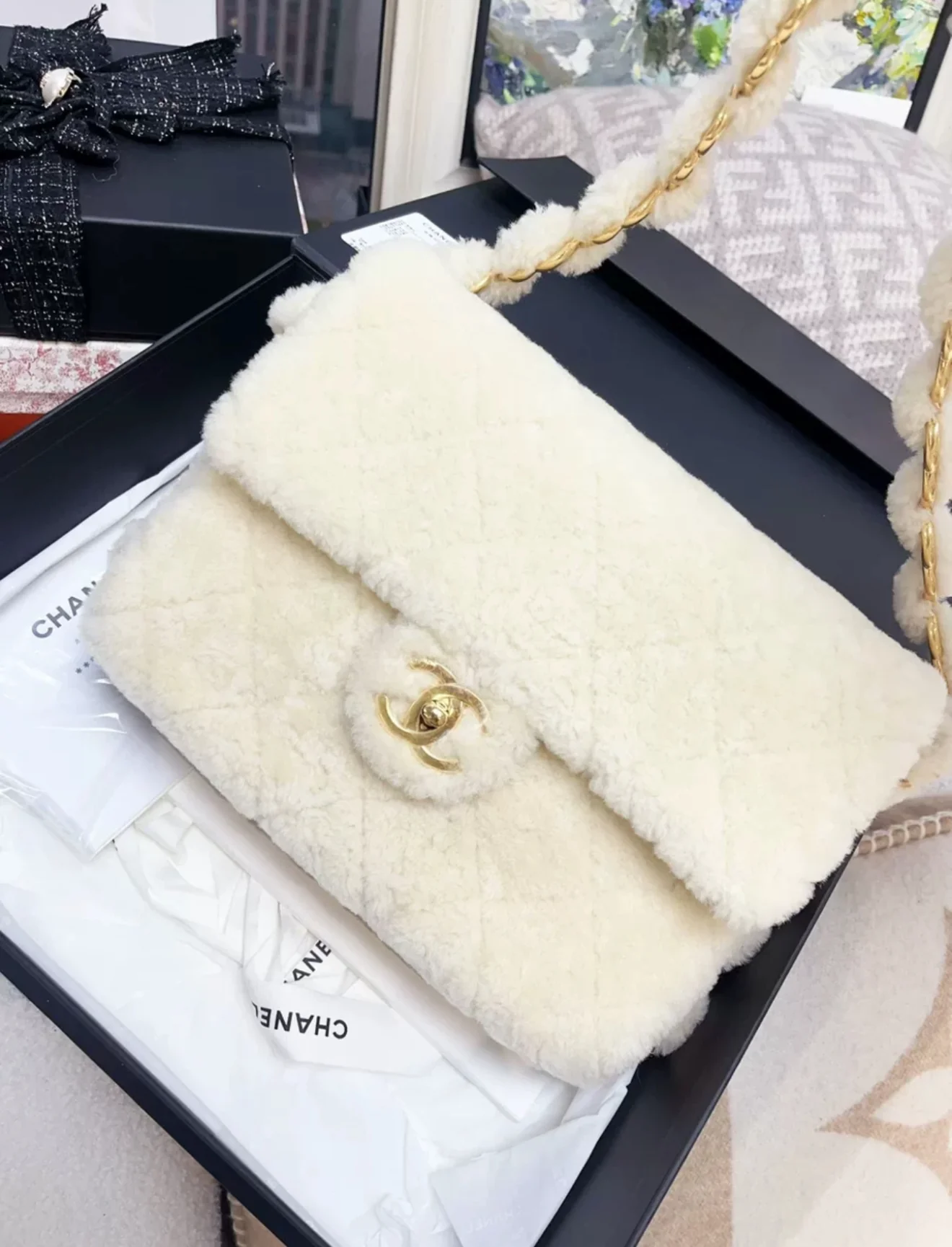 Chanel 24K off-white shearling chain flap bag with gold hardware - Image 2