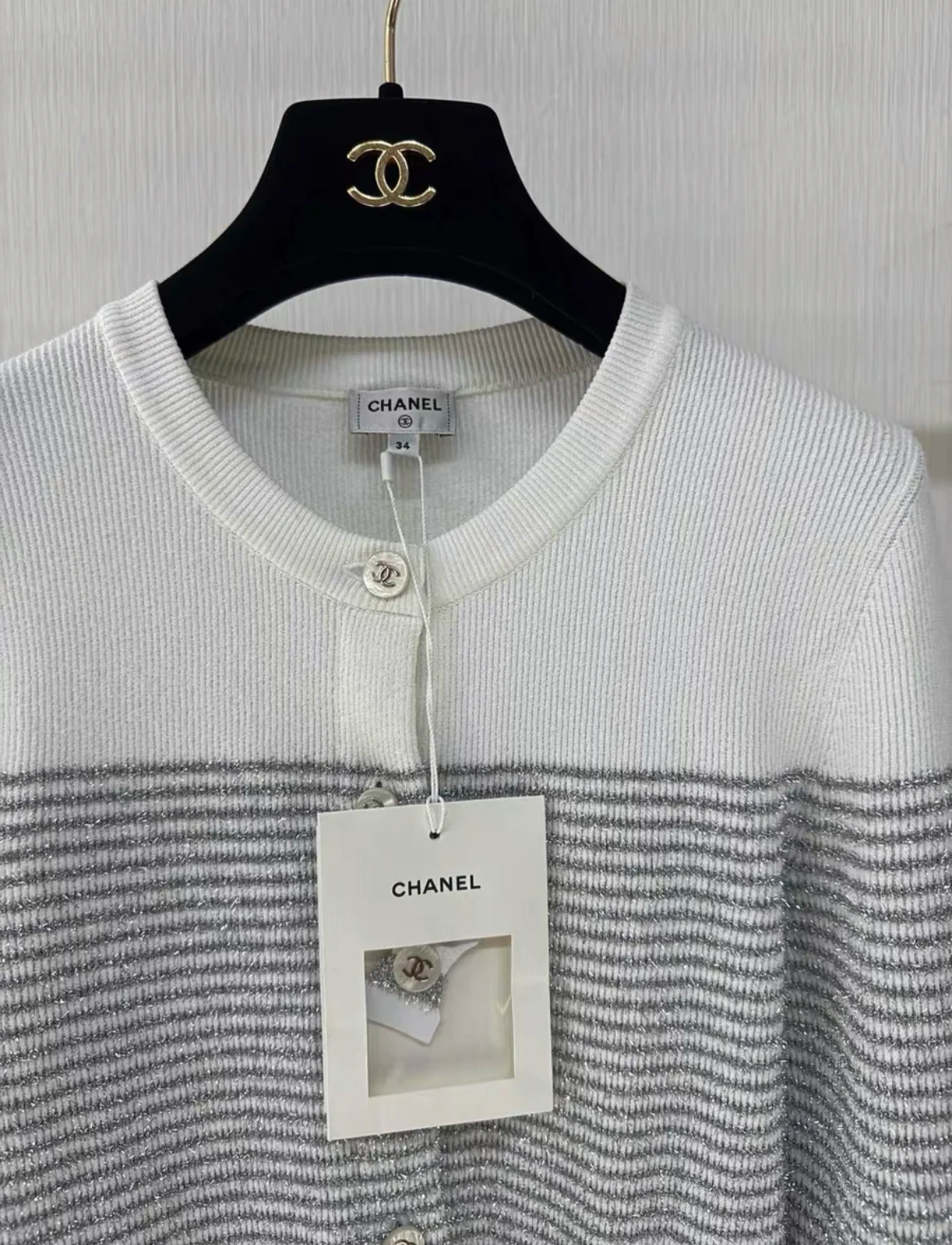 Chanel 24M coco beach gray and white striped cardigan size 34 - Image 2