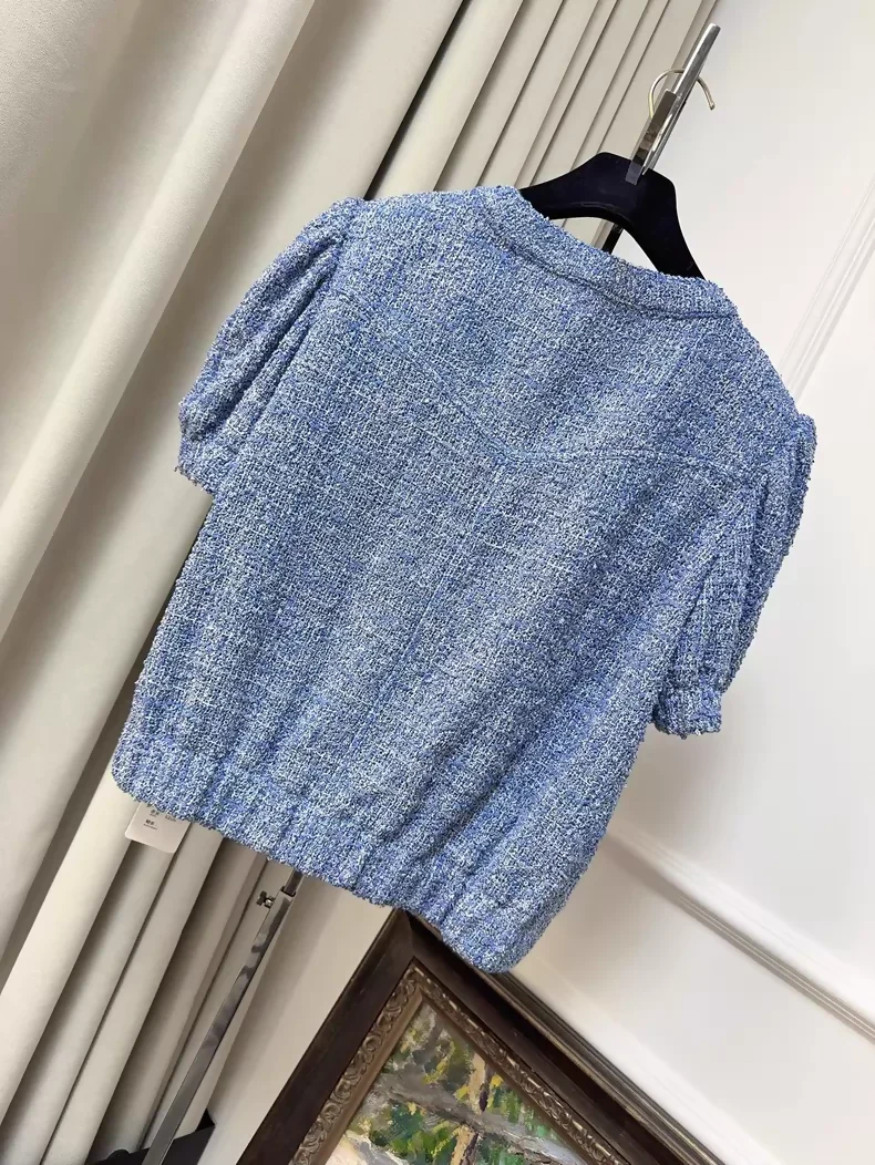 Chanel 24P Blue Tweed Short-Sleeved Jacket - Image 2
