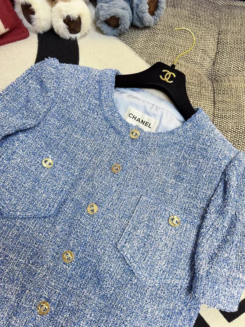 Chanel 24P Blue Tweed Short-Sleeved Jacket - Image 3