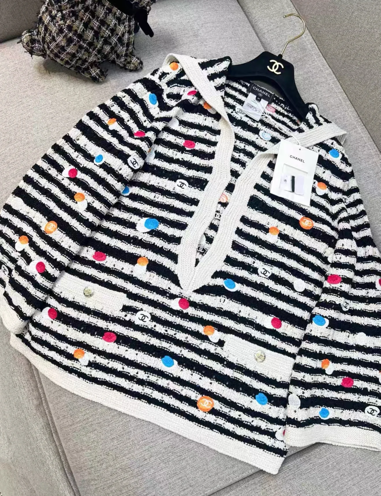 Chanel 24S black and white striped colorful polka dot navy collar knitted top