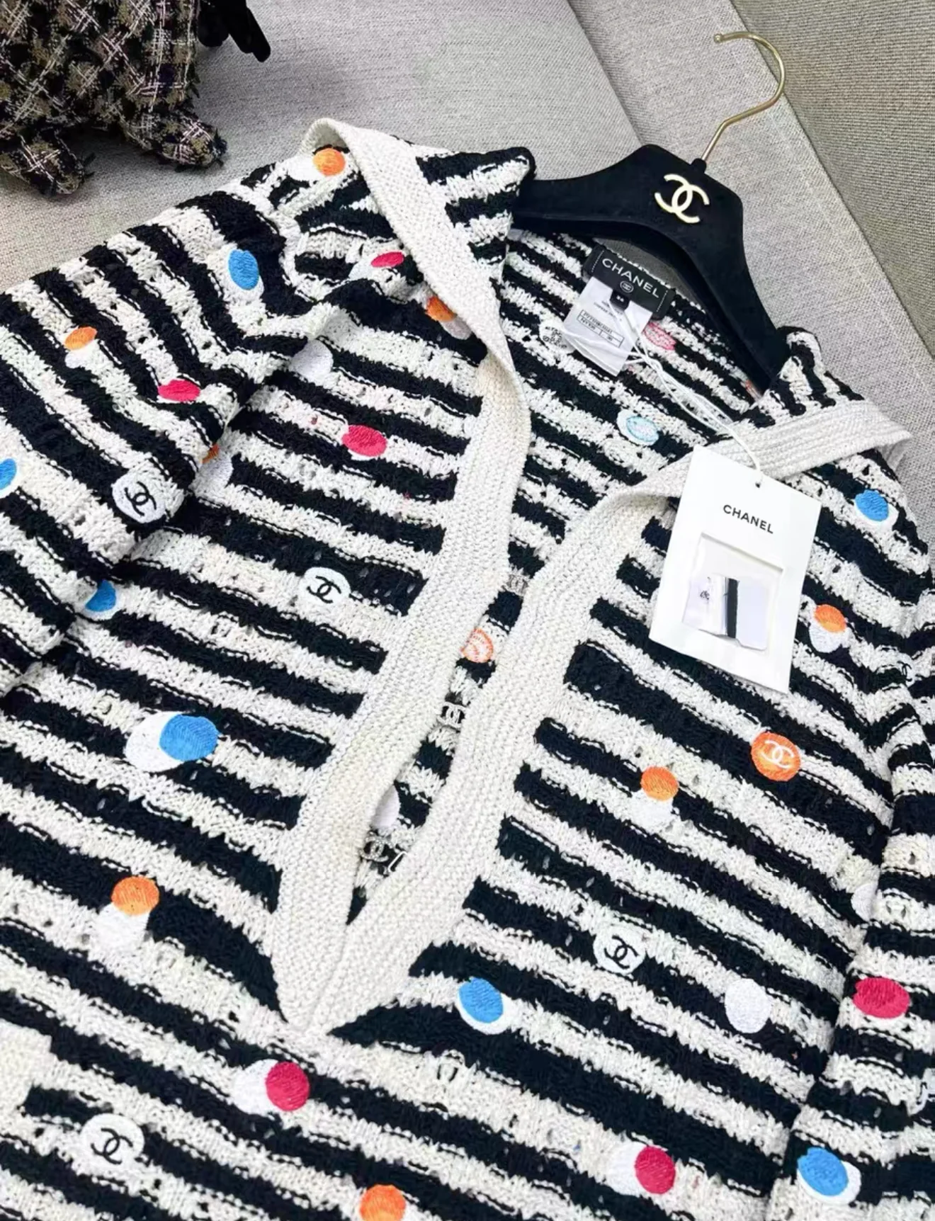 Chanel 24S black and white striped colorful polka dot navy collar knitted top - Image 2