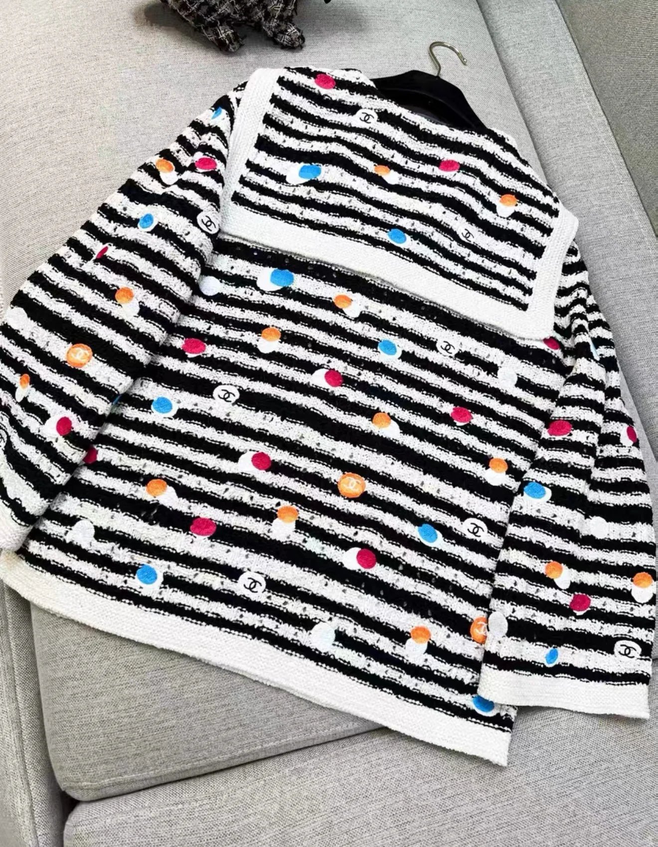 Chanel 24S black and white striped colorful polka dot navy collar knitted top - Image 6