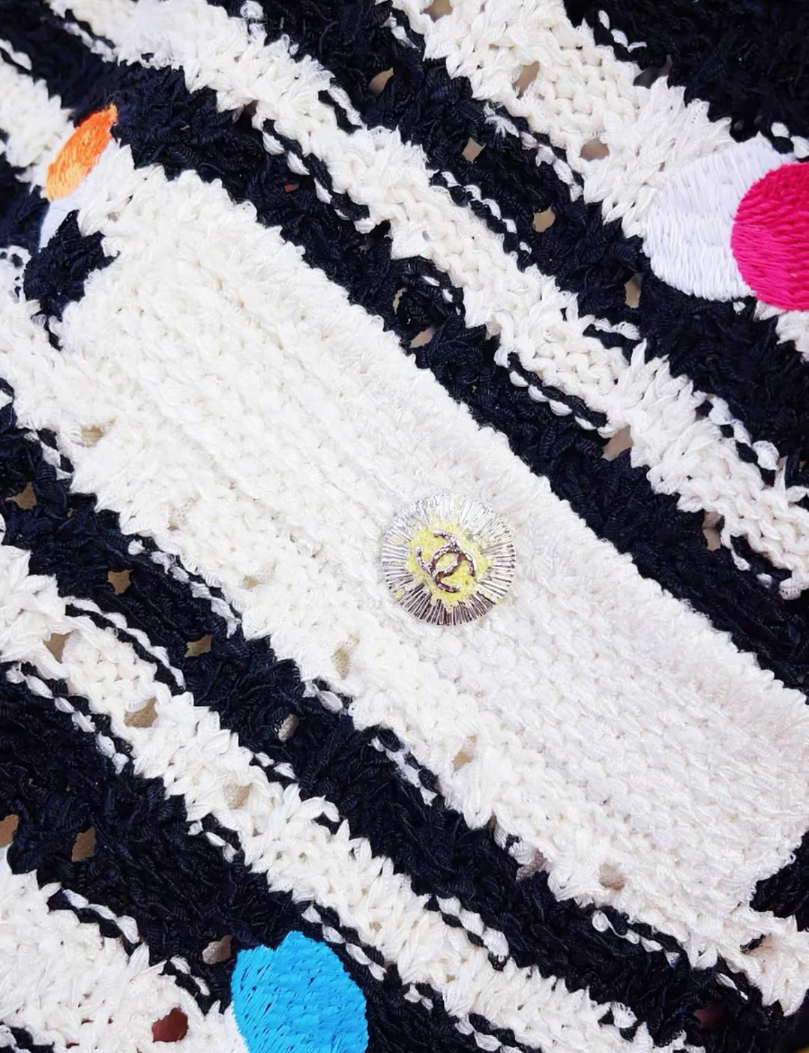 Chanel 24S black and white striped colorful polka dot navy collar knitted top size 36 - Image 3