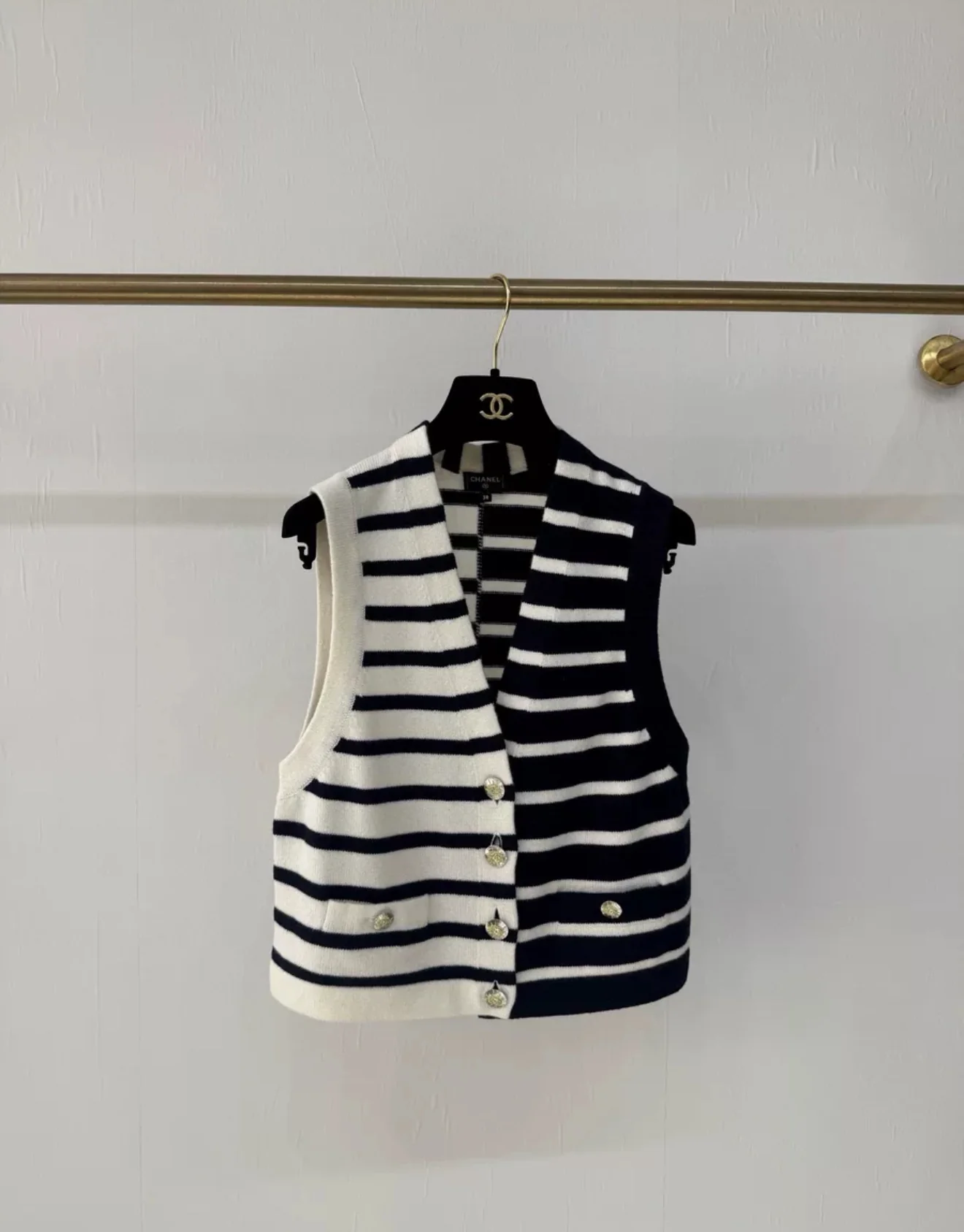 Chanel 24S black and white striped knitted vest