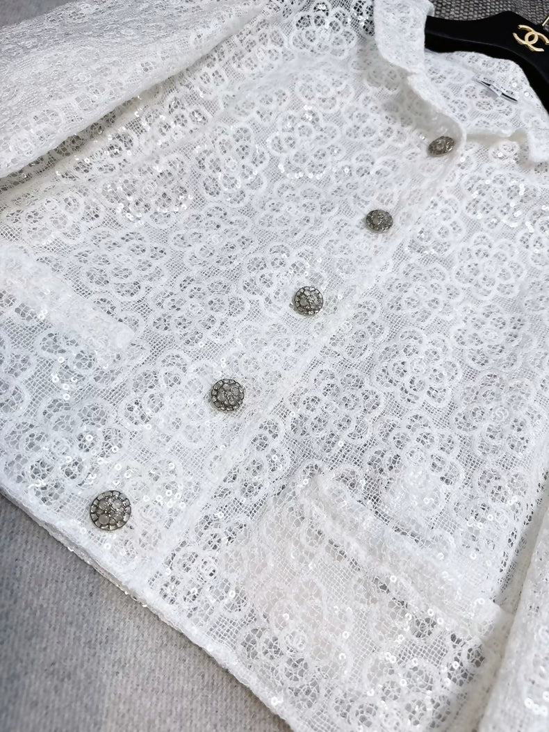 Chanel 24S white lace sequined camellia jacket - Image 2