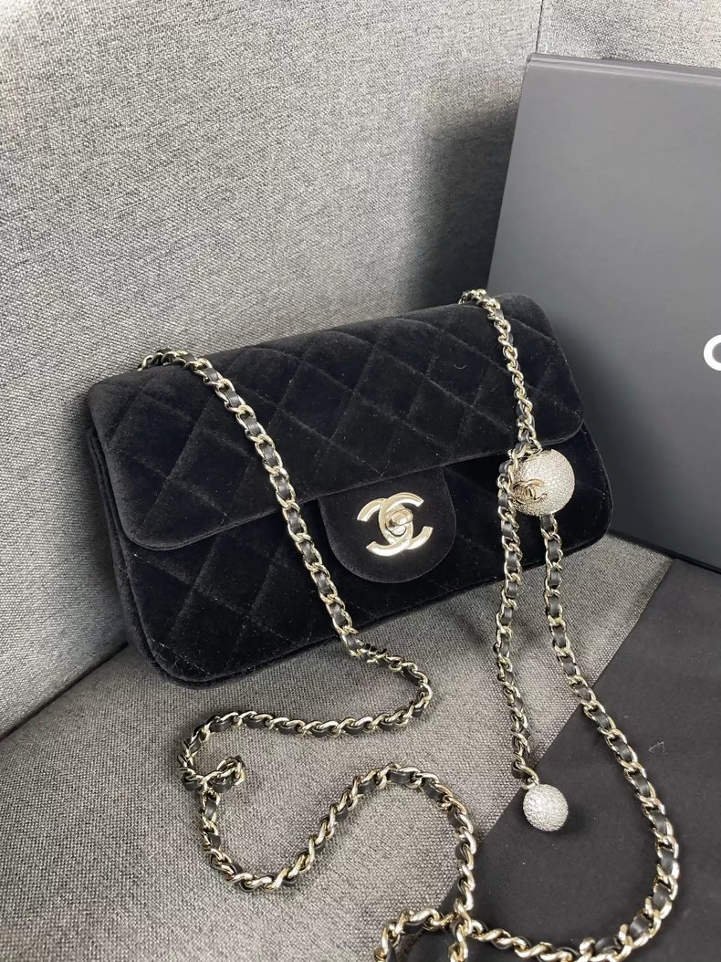 Chanel 25A Black Velvet Rhinestone Ball CF Chain Bag - Image 2