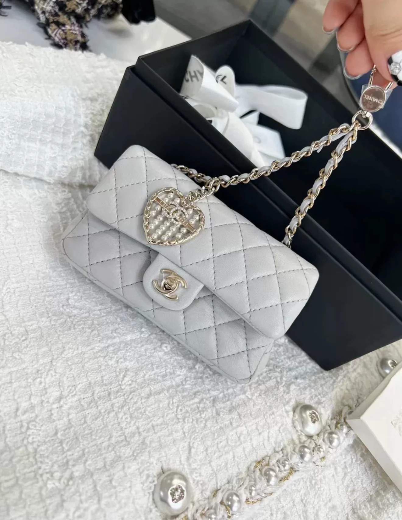 Chanel 25A CLASSIC MINI BAG WITH HOOK Gray Calfskin & light Gold-Tone Metal