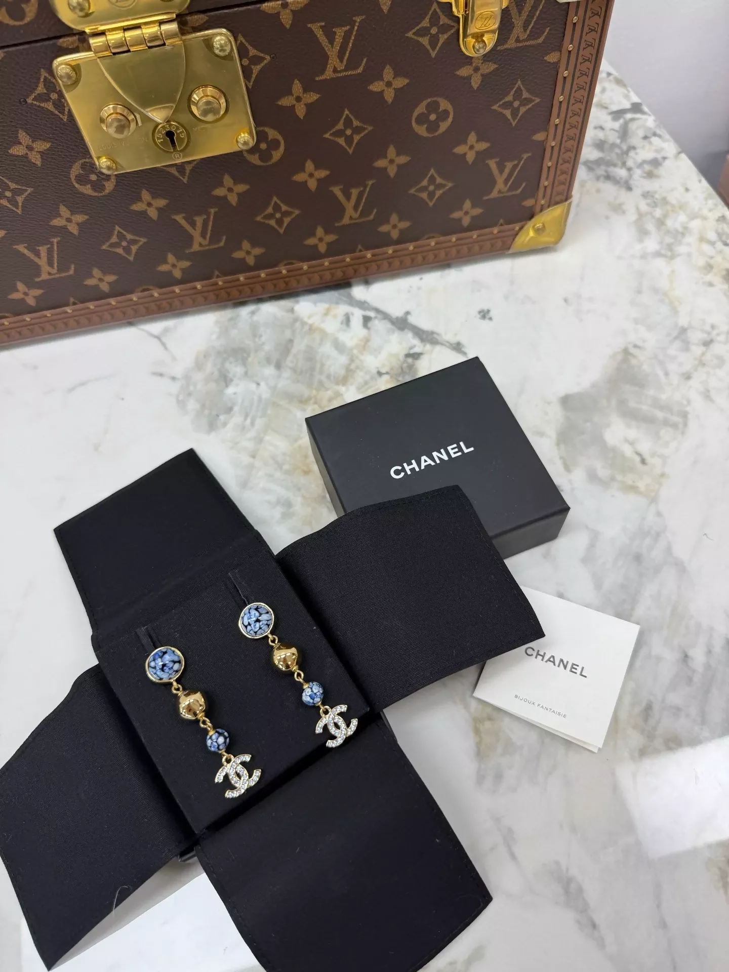Chanel 25A Blue and White Gold Ball Double C Pendant Earrings - Image 3