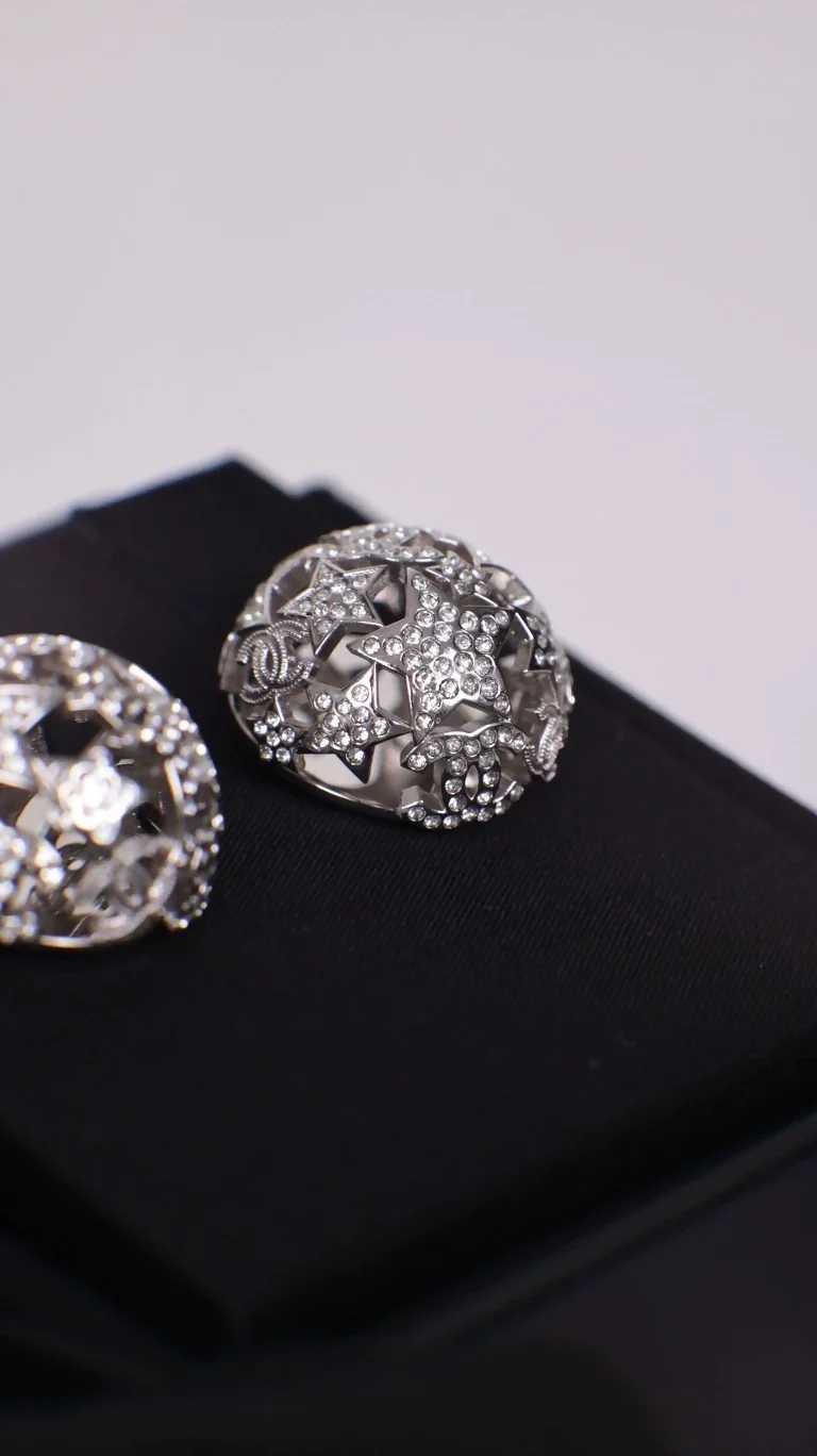 Chanel 25A Silver Sphere Star CC Full Diamond Stud Earrings - Image 2