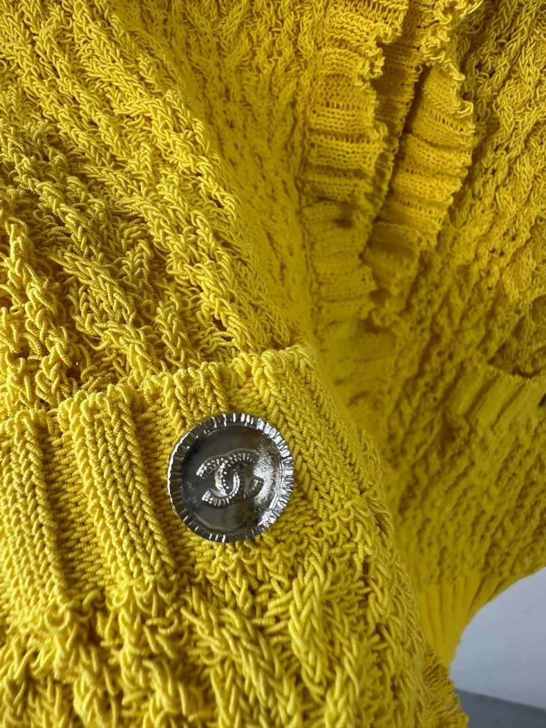 Chanel 25C Yellow Openwork Knit Cardigan Vest - Image 2