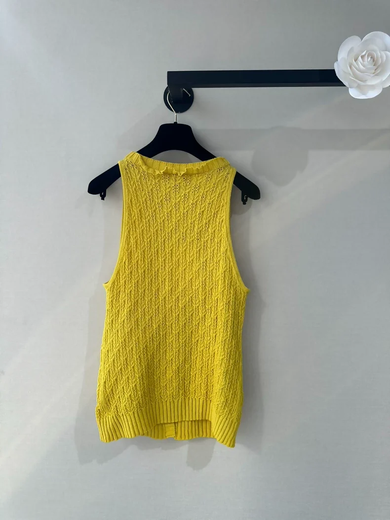 Chanel 25C Yellow Openwork Knit Cardigan Vest - Image 3