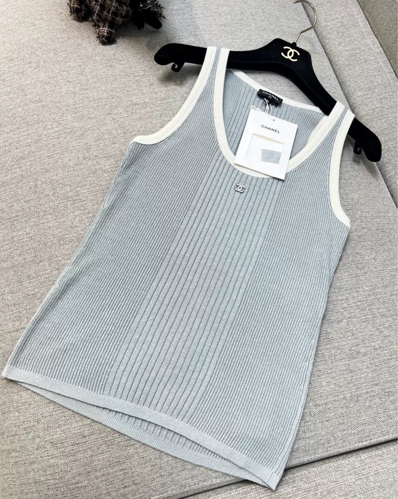 Chanel 25M Cotton Tank Top Gray & White size 36