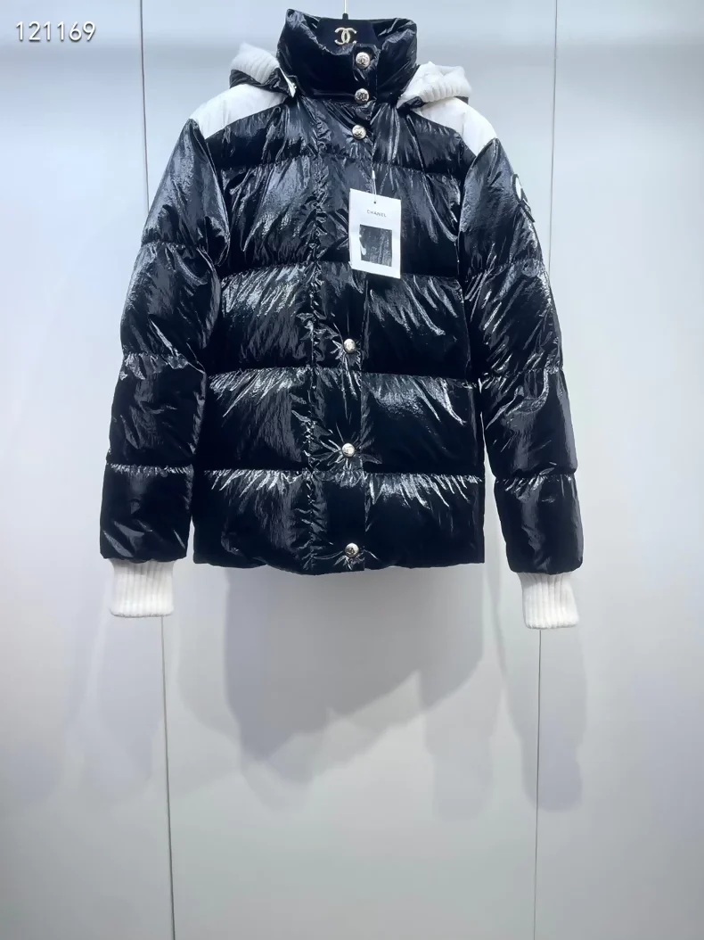 Chanel 25N black and white hooded down jacket