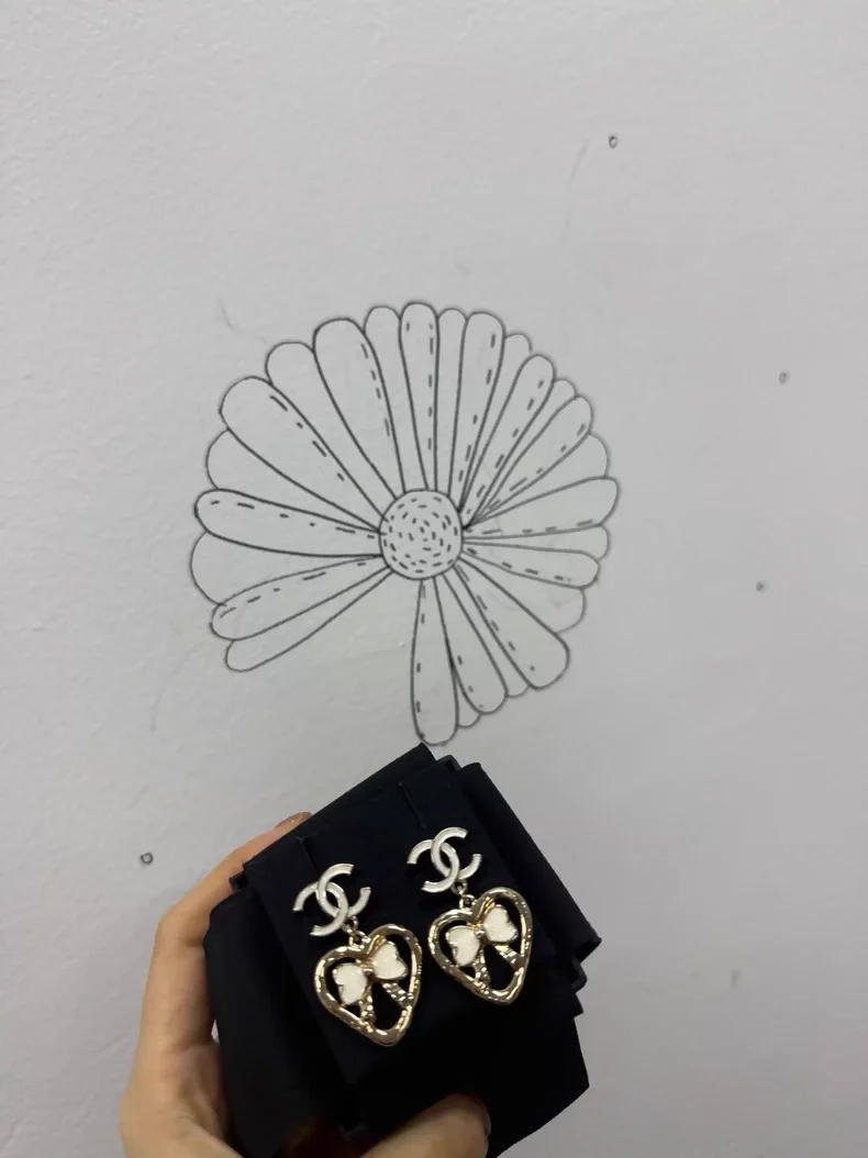 Chanel 25p Heart Bow Double C Rhinestone Pendant Earrings