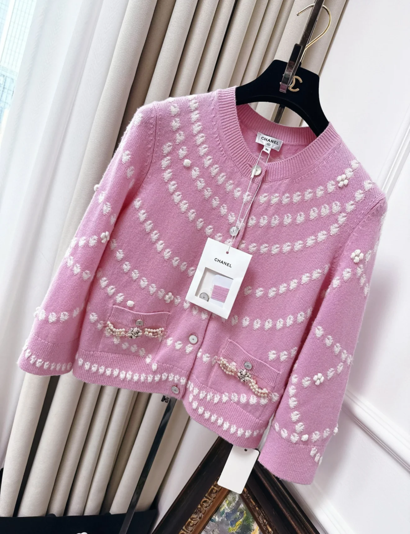 Chanel 25P pink pearl knitted cardigan