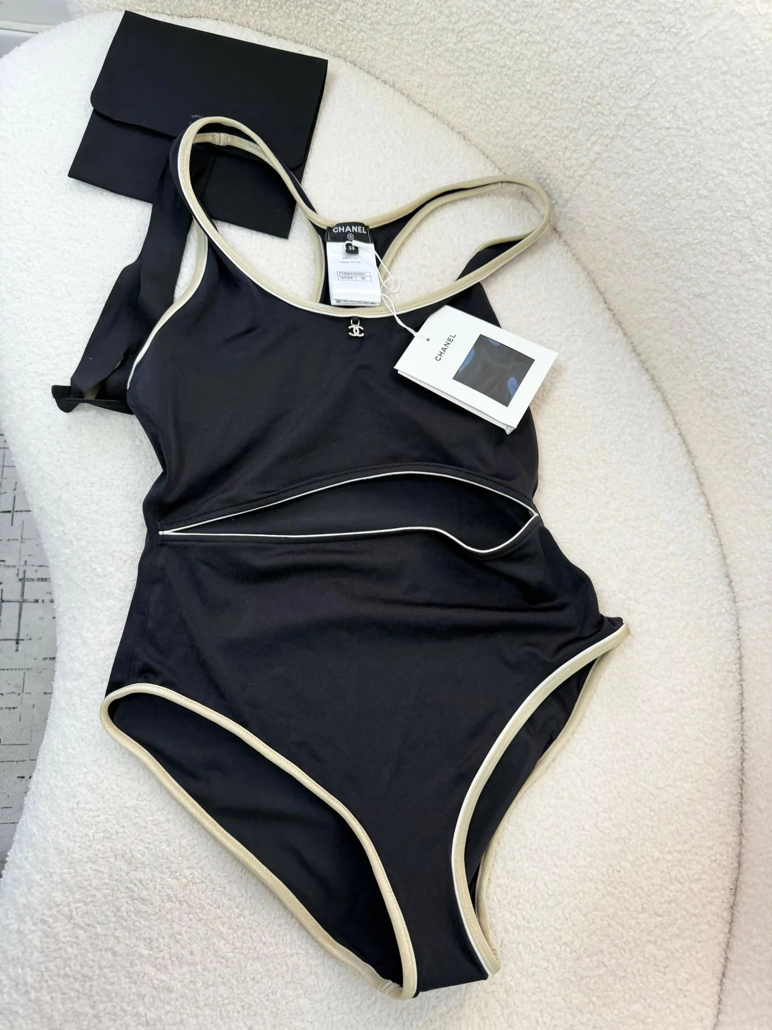Chanel 25P Stretch Jersey Swimsuit in Gold, White & Black Size 38