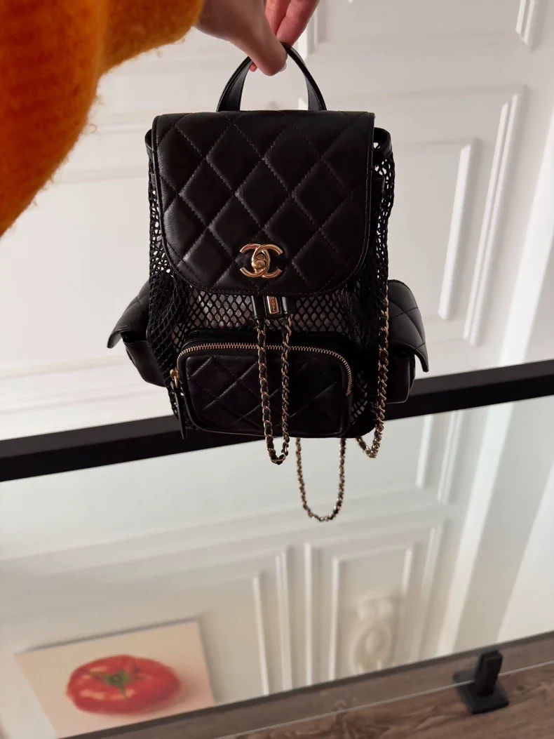 Chanel 25S black mesh backpack in gold hardware - Image 2