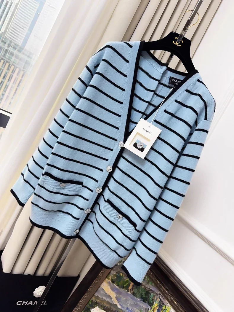 Chanel 25S blue and black striped cardigan