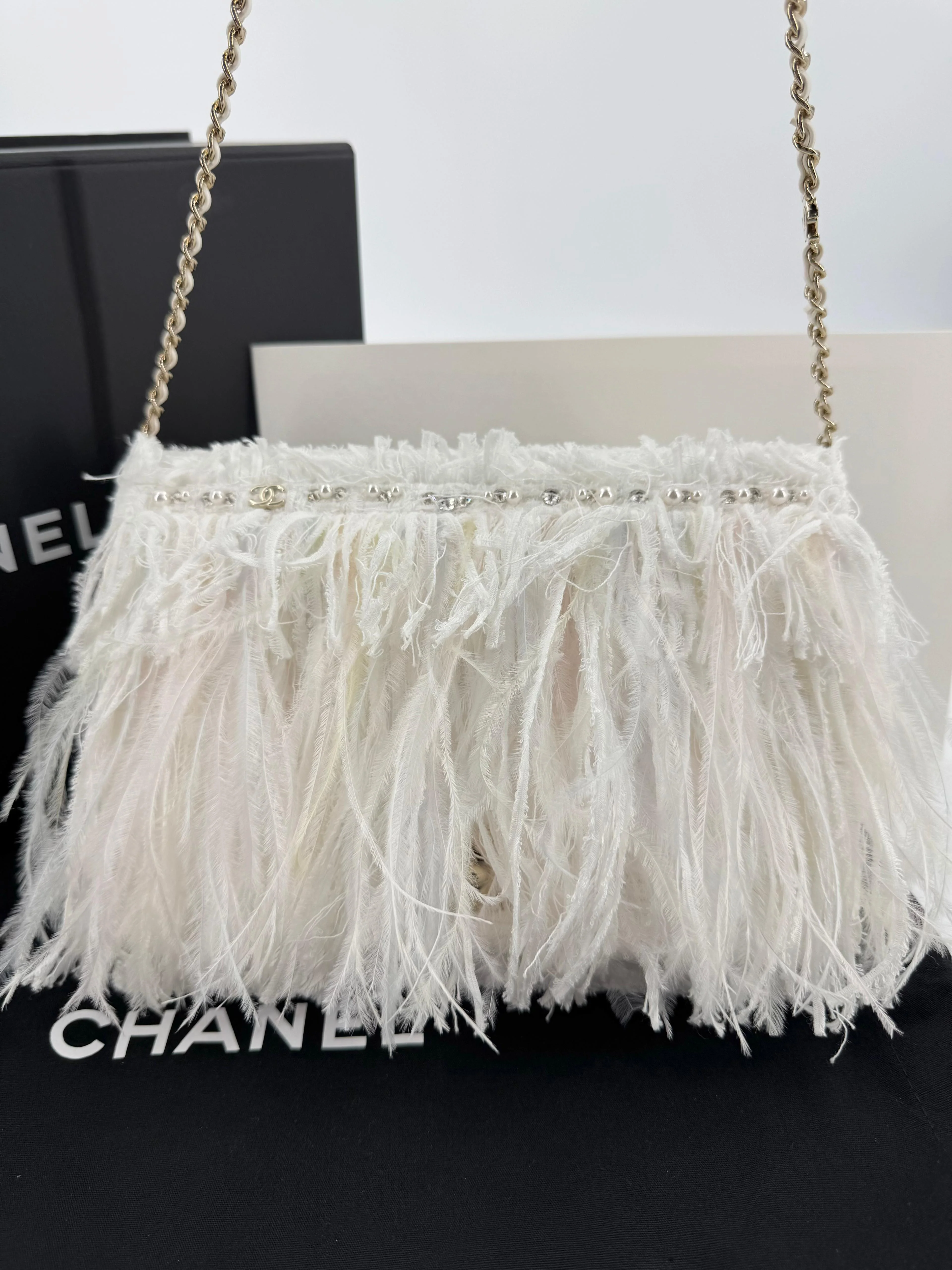 Chanel 25S Embroidered Tweed, Feathers, Imitation Pearls & Gold-Tone Metal Clutch in White - Image 10