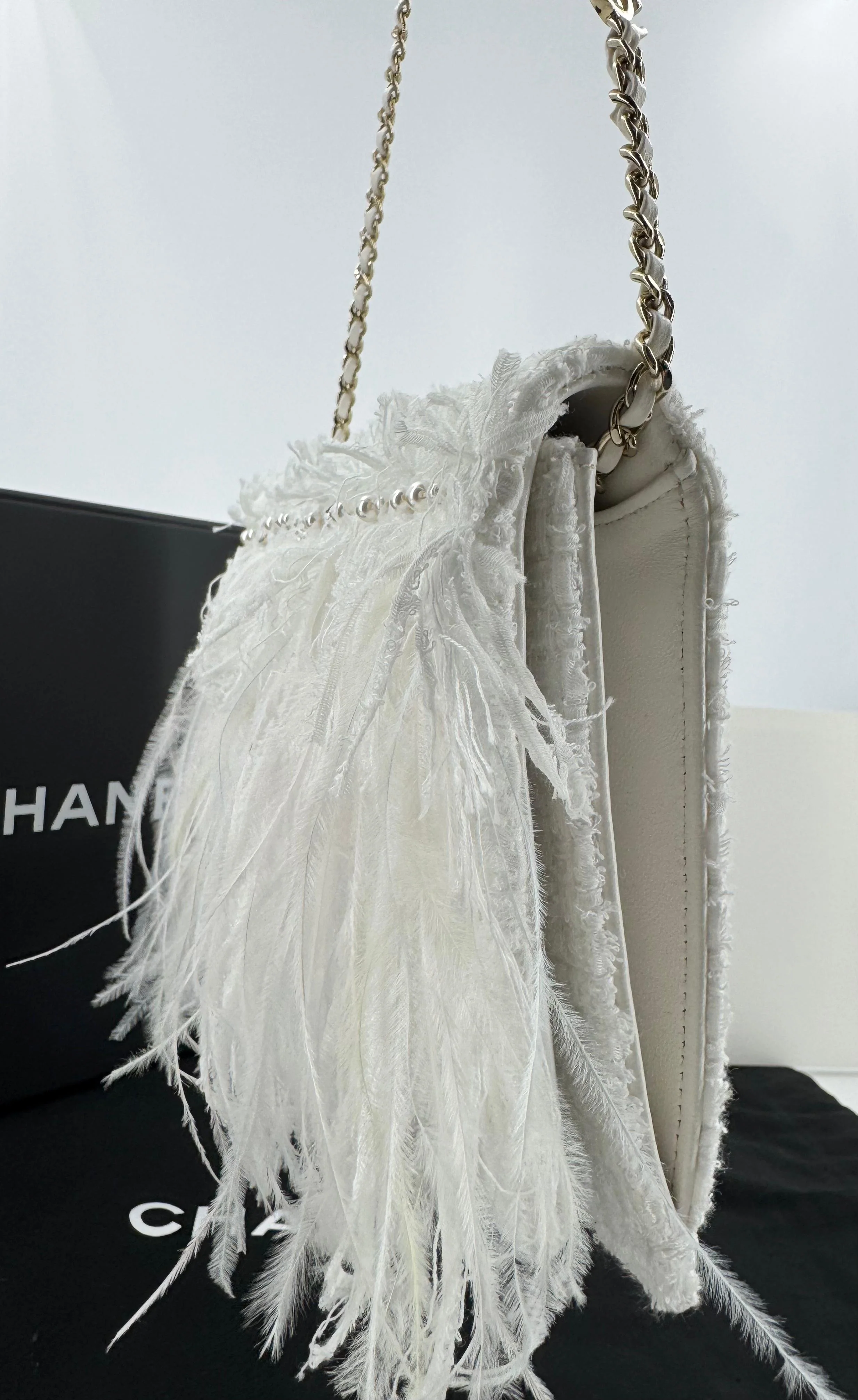 Chanel 25S Embroidered Tweed, Feathers, Imitation Pearls & Gold-Tone Metal Clutch in White - Image 11