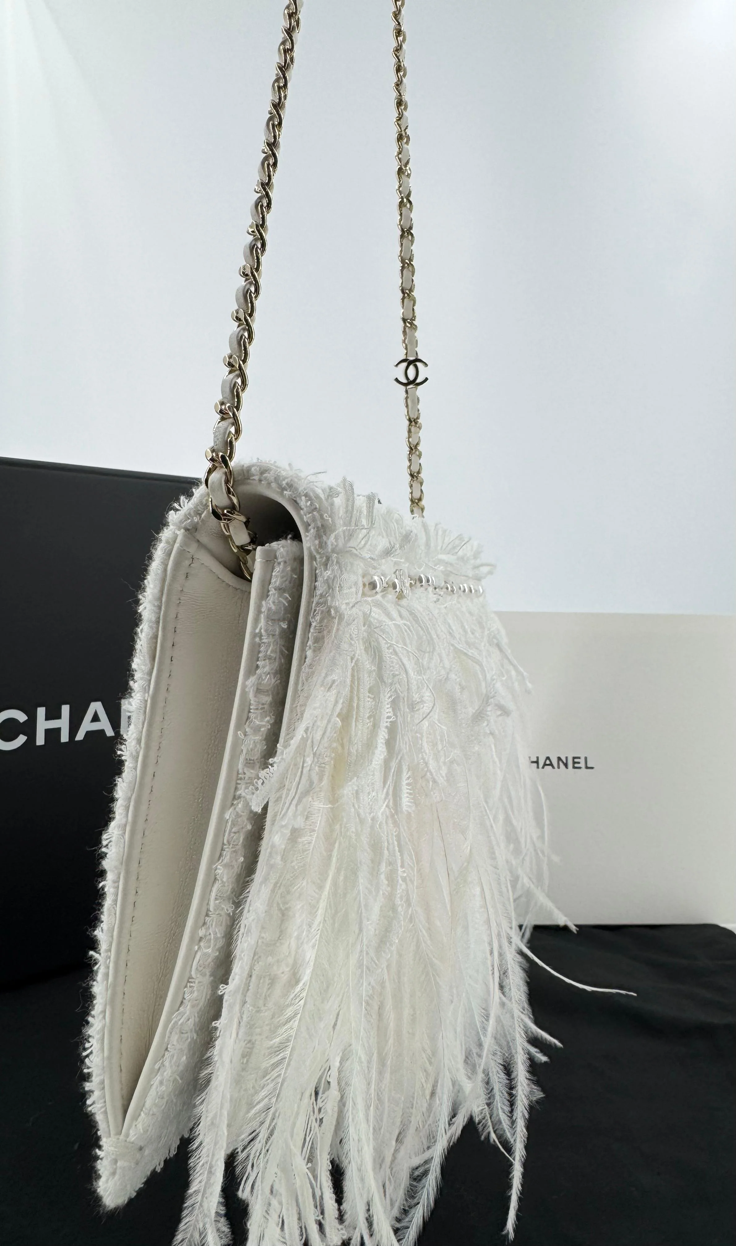 Chanel 25S Embroidered Tweed, Feathers, Imitation Pearls & Gold-Tone Metal Clutch in White - Image 12