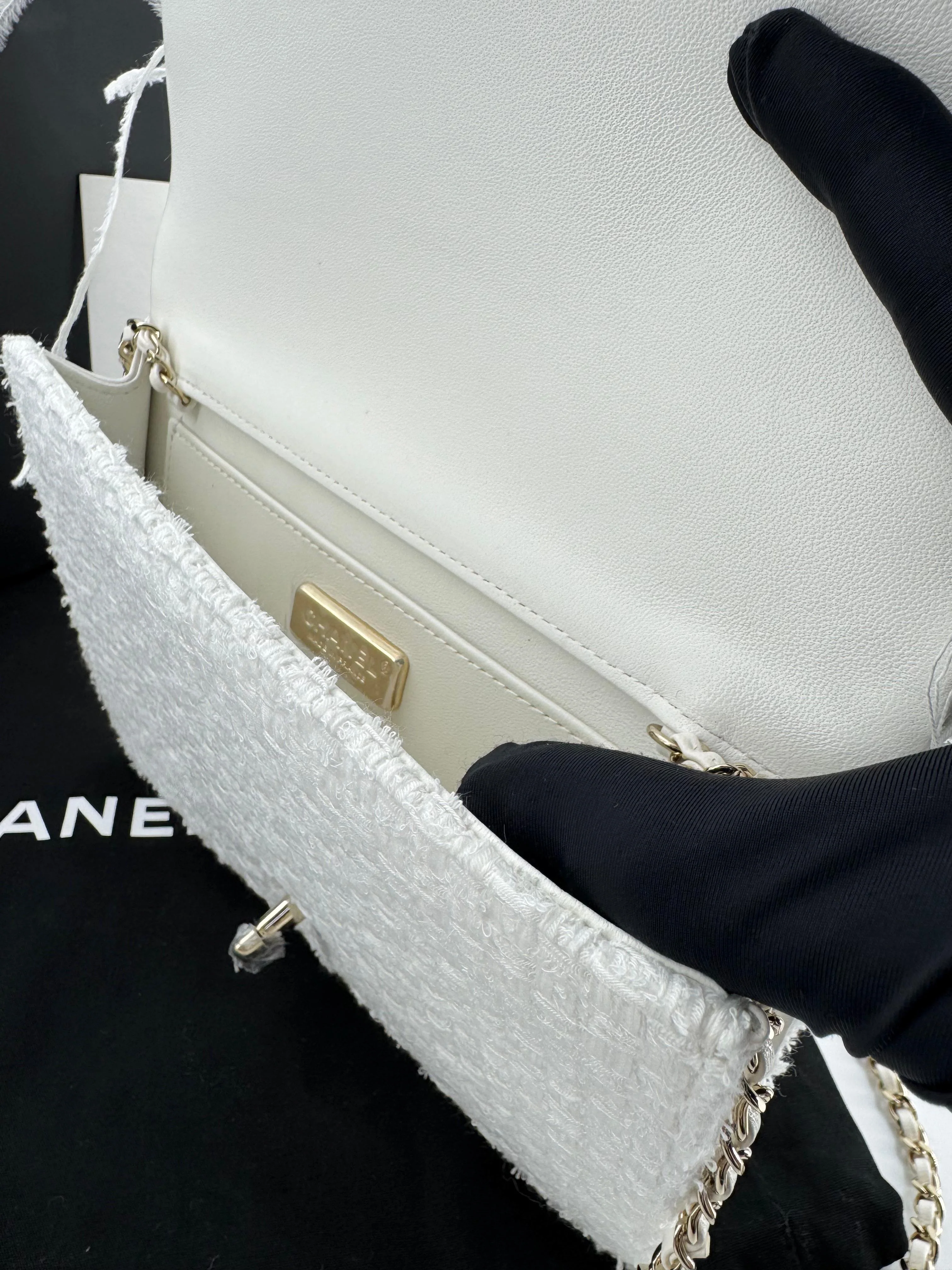 Chanel 25S Embroidered Tweed, Feathers, Imitation Pearls & Gold-Tone Metal Clutch in White - Image 13