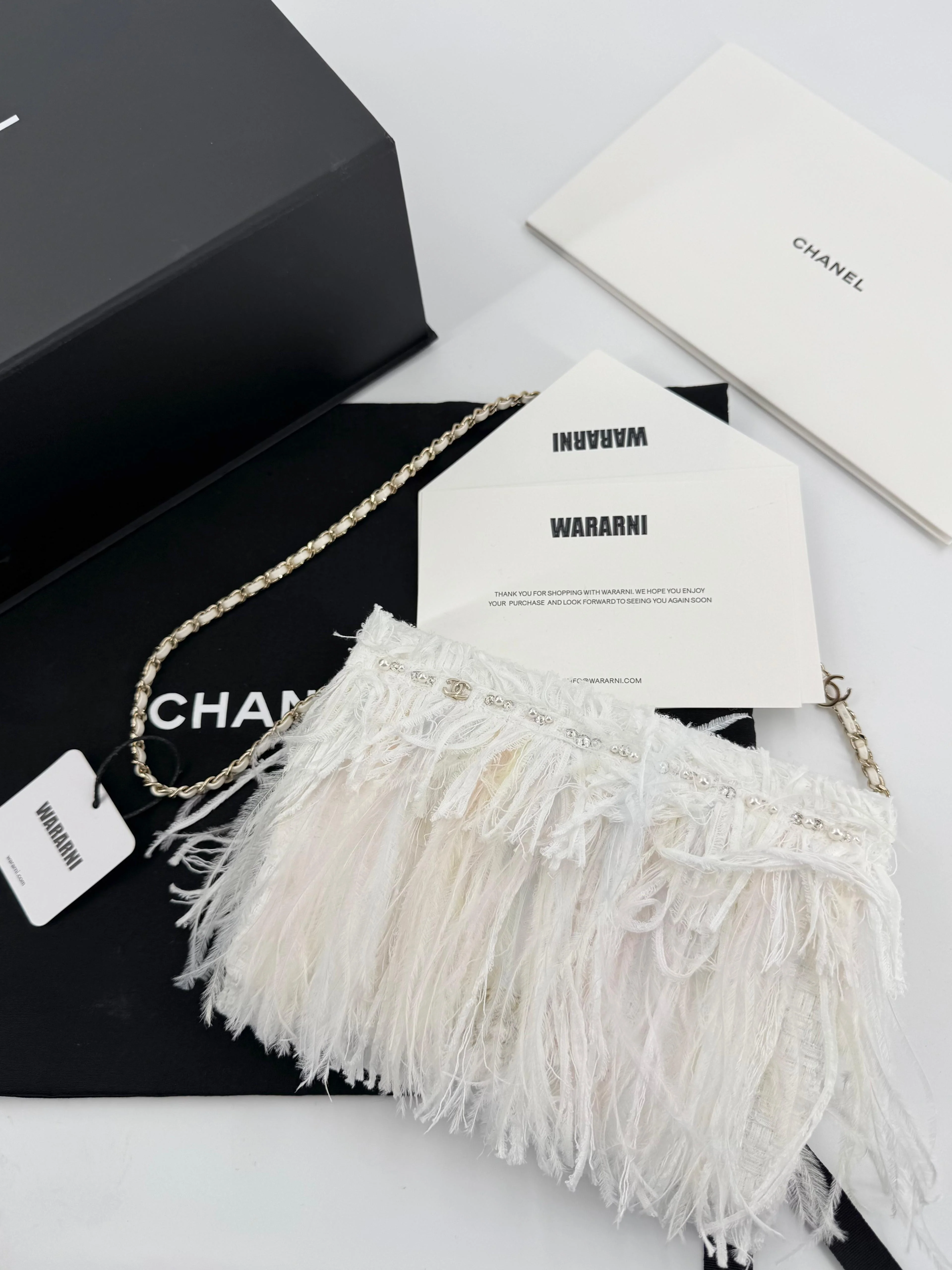Chanel 25S Embroidered Tweed, Feathers, Imitation Pearls & Gold-Tone Metal Clutch in White - Image 2