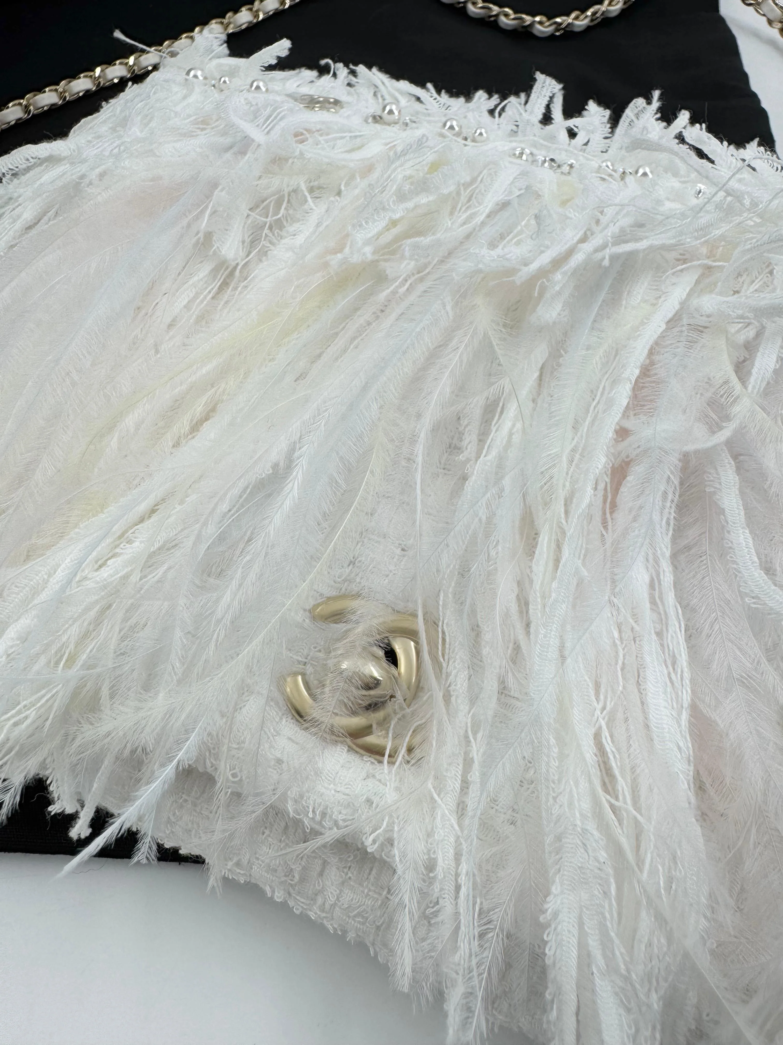 Chanel 25S Embroidered Tweed, Feathers, Imitation Pearls & Gold-Tone Metal Clutch in White - Image 5