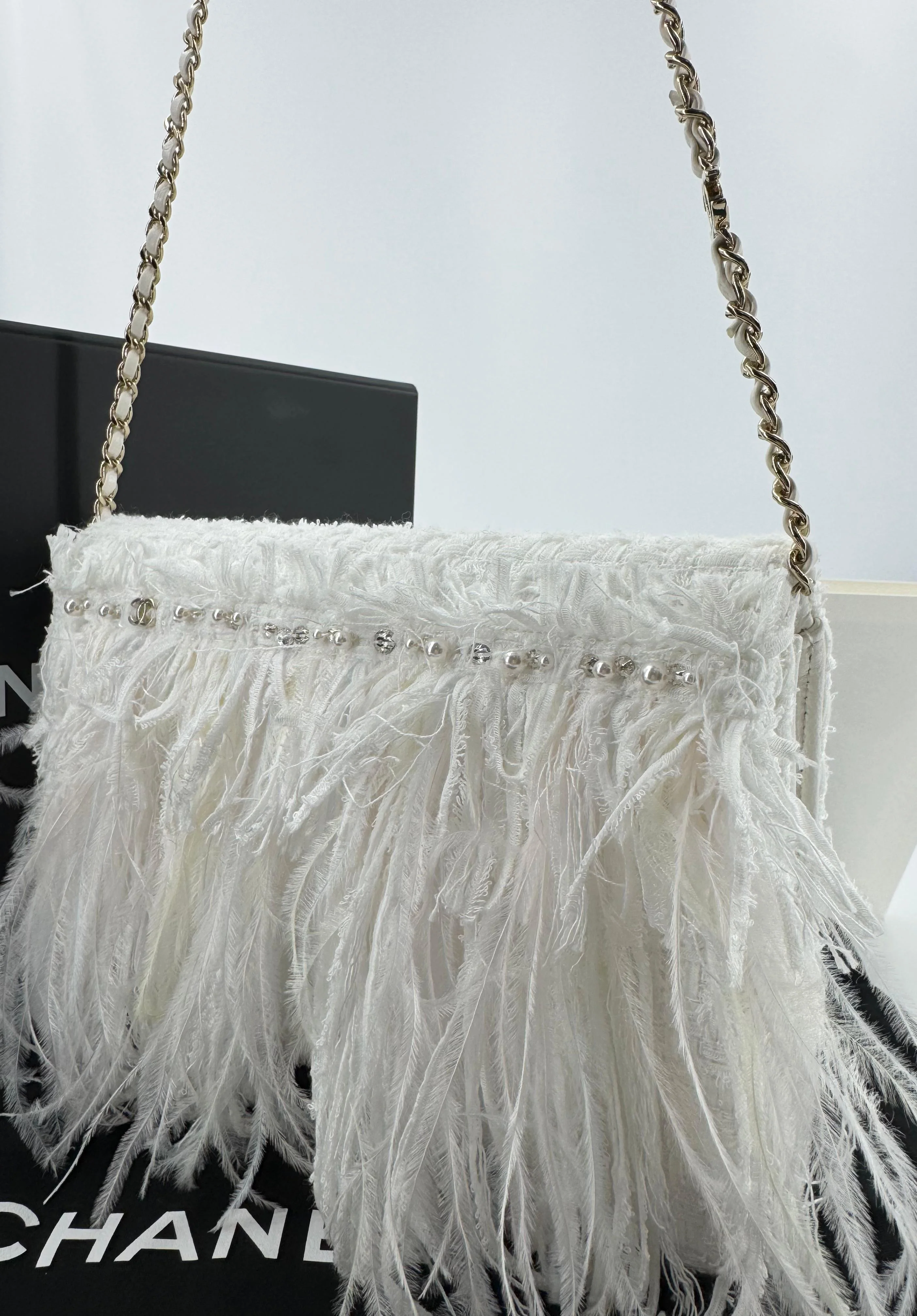 Chanel 25S Embroidered Tweed, Feathers, Imitation Pearls & Gold-Tone Metal Clutch in White - Image 6